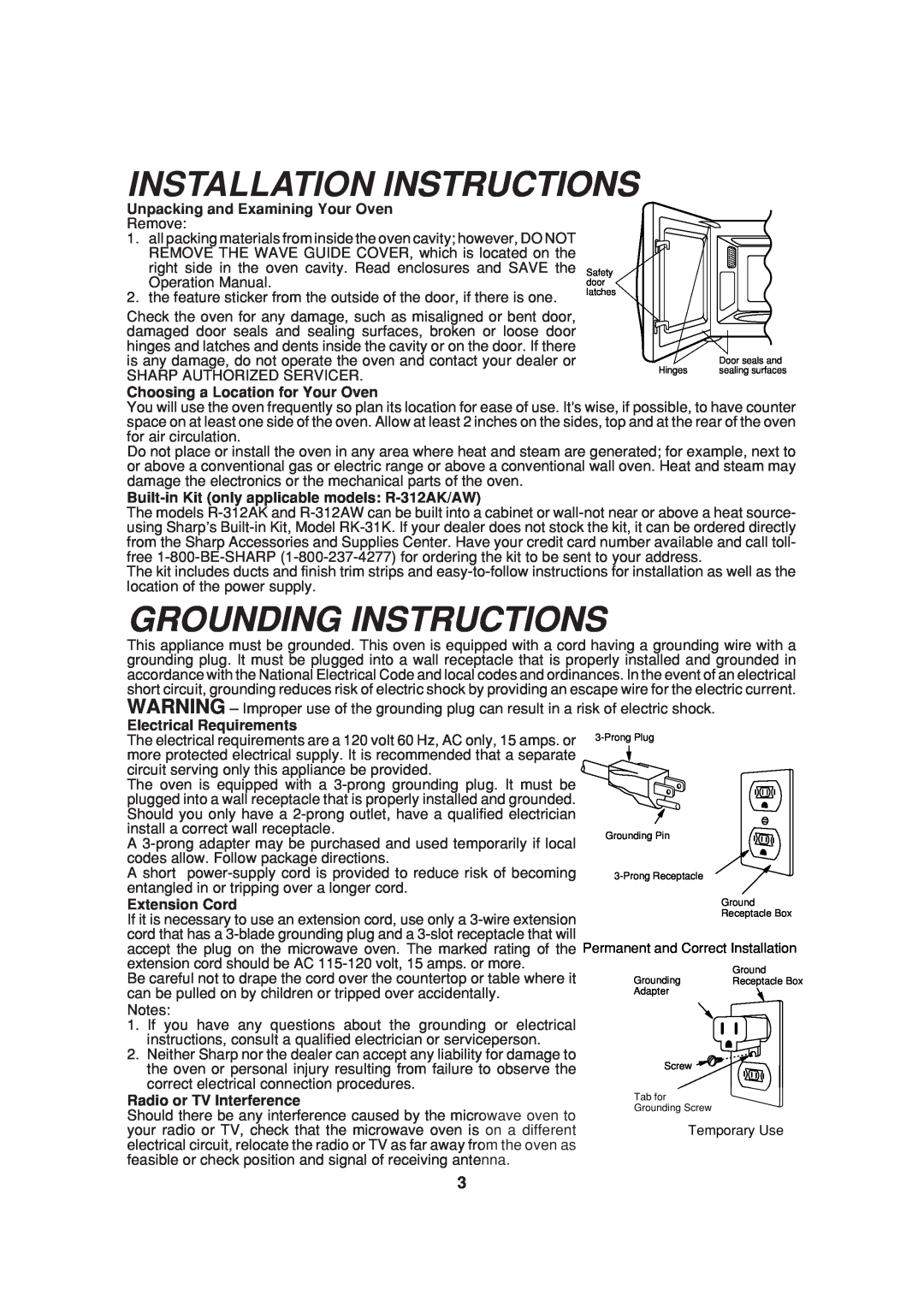 Sharp R-305B Installation Instructions, Grounding Instructions, Unpacking and Examining Your Oven, Electrical Requirements 