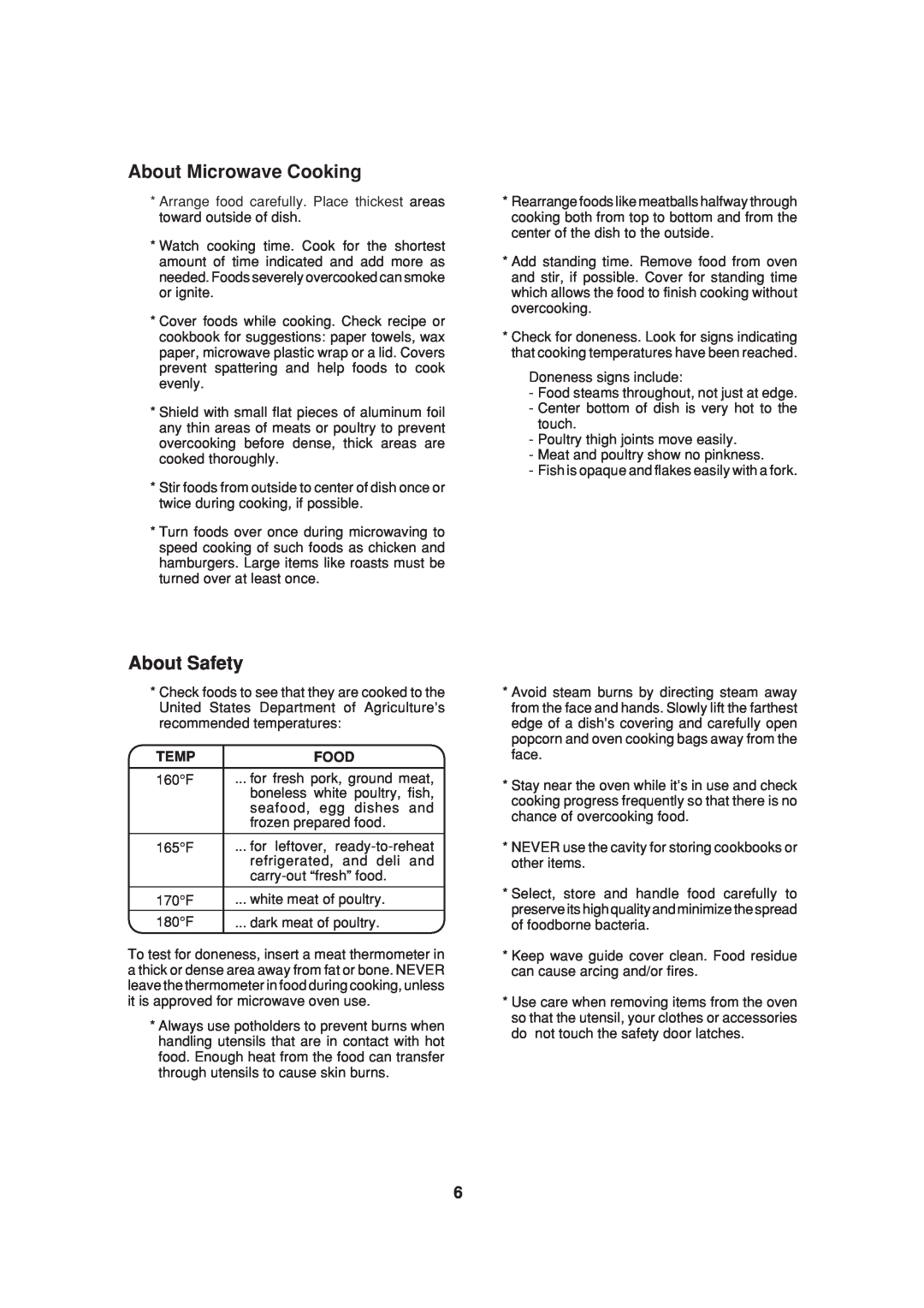 Sharp R-308A, R-312A, R-305A, R-309B, R-310A, R-305B operation manual About Microwave Cooking, About Safety, Temp, Food 