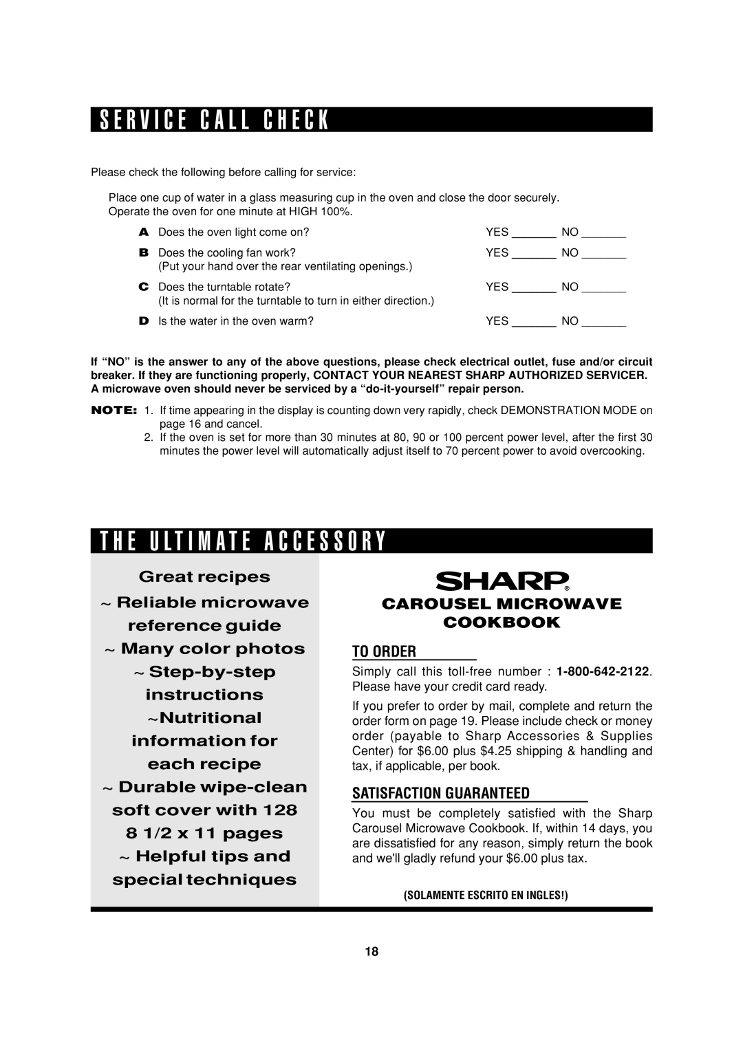 Sharp R-316F, R-308F, R-314F, R-304F, R-301F operation manual R V I C E C a L L C H E C K, E U L T I M a T E a C C E S S O R Y 