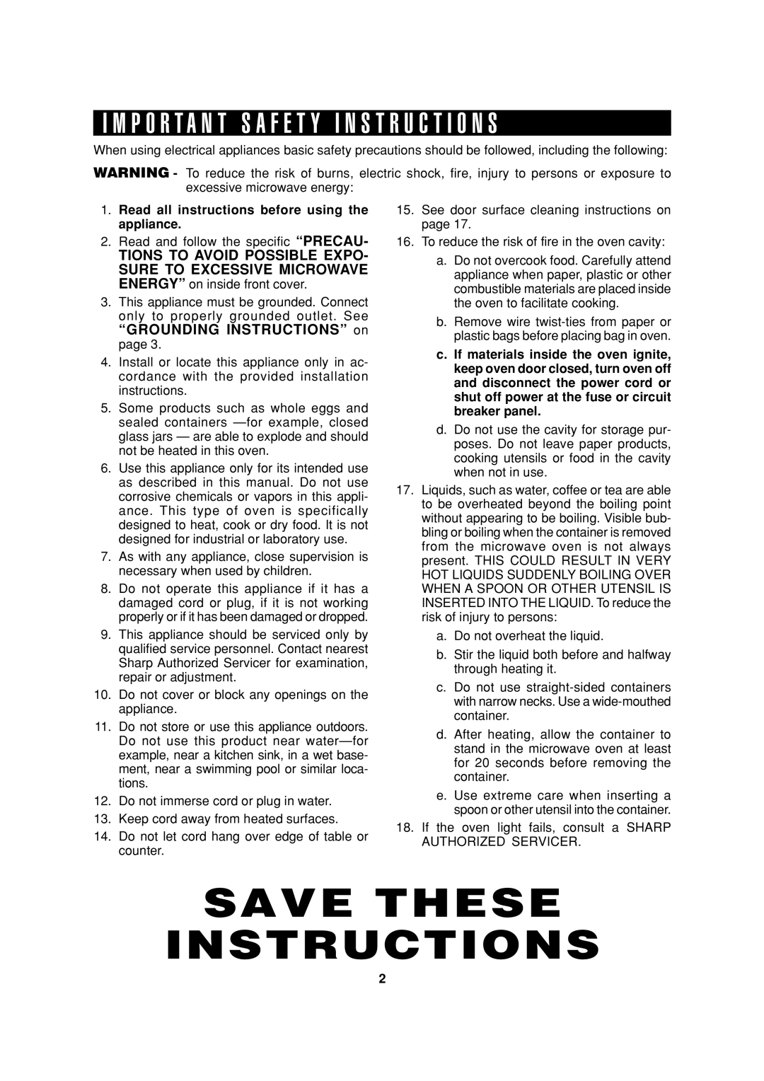 Sharp R-301F, R-316F, R-308F, R-314F, R-304F operation manual Save These Instructions 