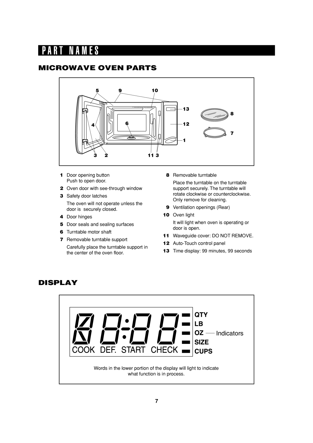 Sharp R-301F, R-316F, R-308F, R-314F, R-304F operation manual R T N a M E S, Microwave Oven Parts, Display 