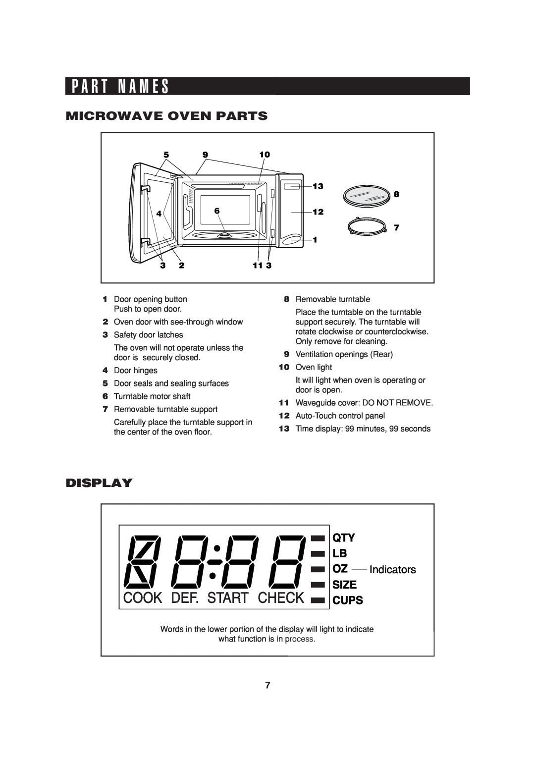 Sharp R-301F, R-316F, R-308F, R-314F, R-304F operation manual P A R T N A M E S, Microwave Oven Parts, Display, Indicators 