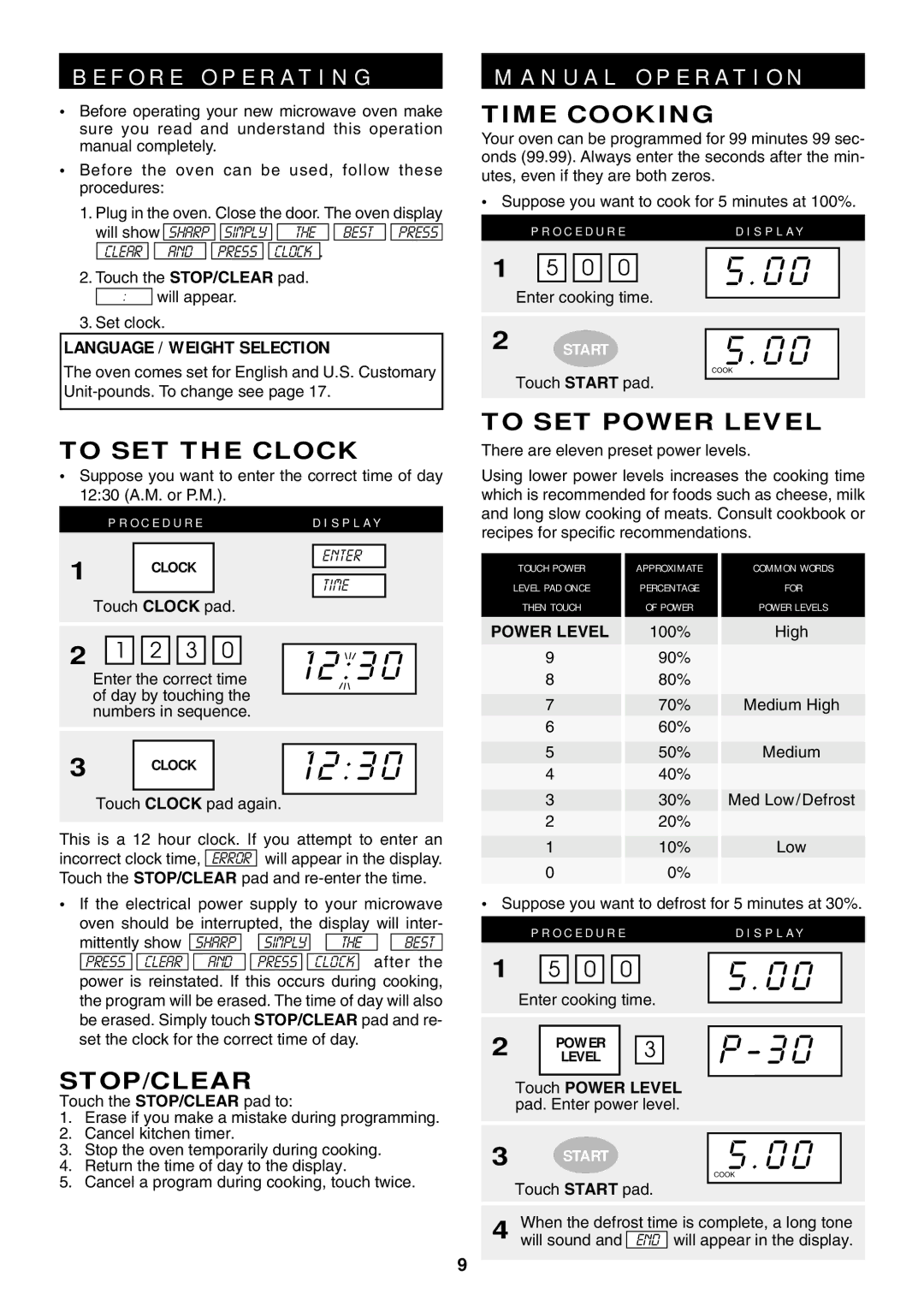 Sharp R-319F manual To SET the Clock, Stop/Clear, Time Cooking, To SET Power Level 