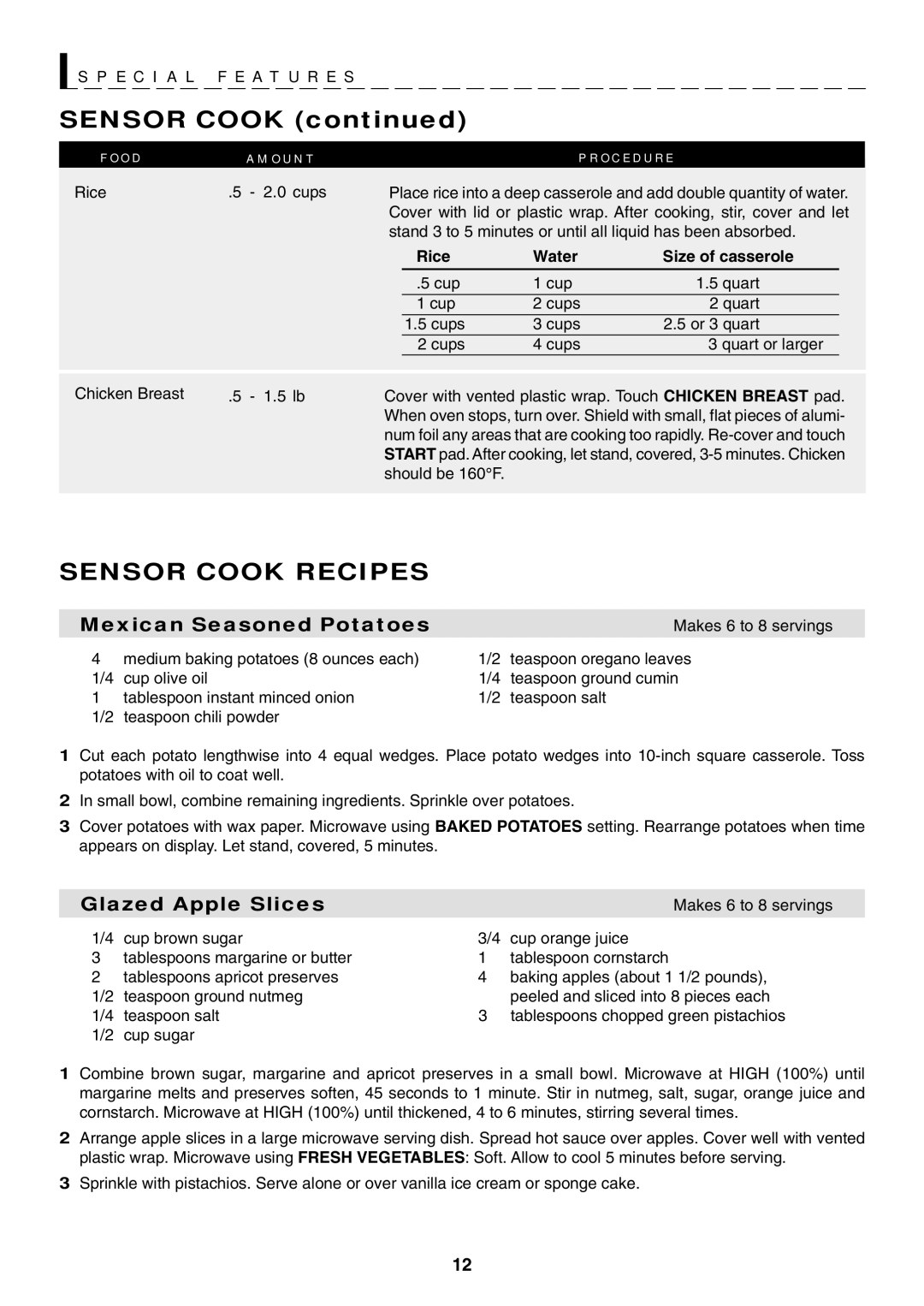 Sharp R-319F manual Sensor Cook Recipes, O D O U N T O C E D U R E, Rice Water Size of casserole 