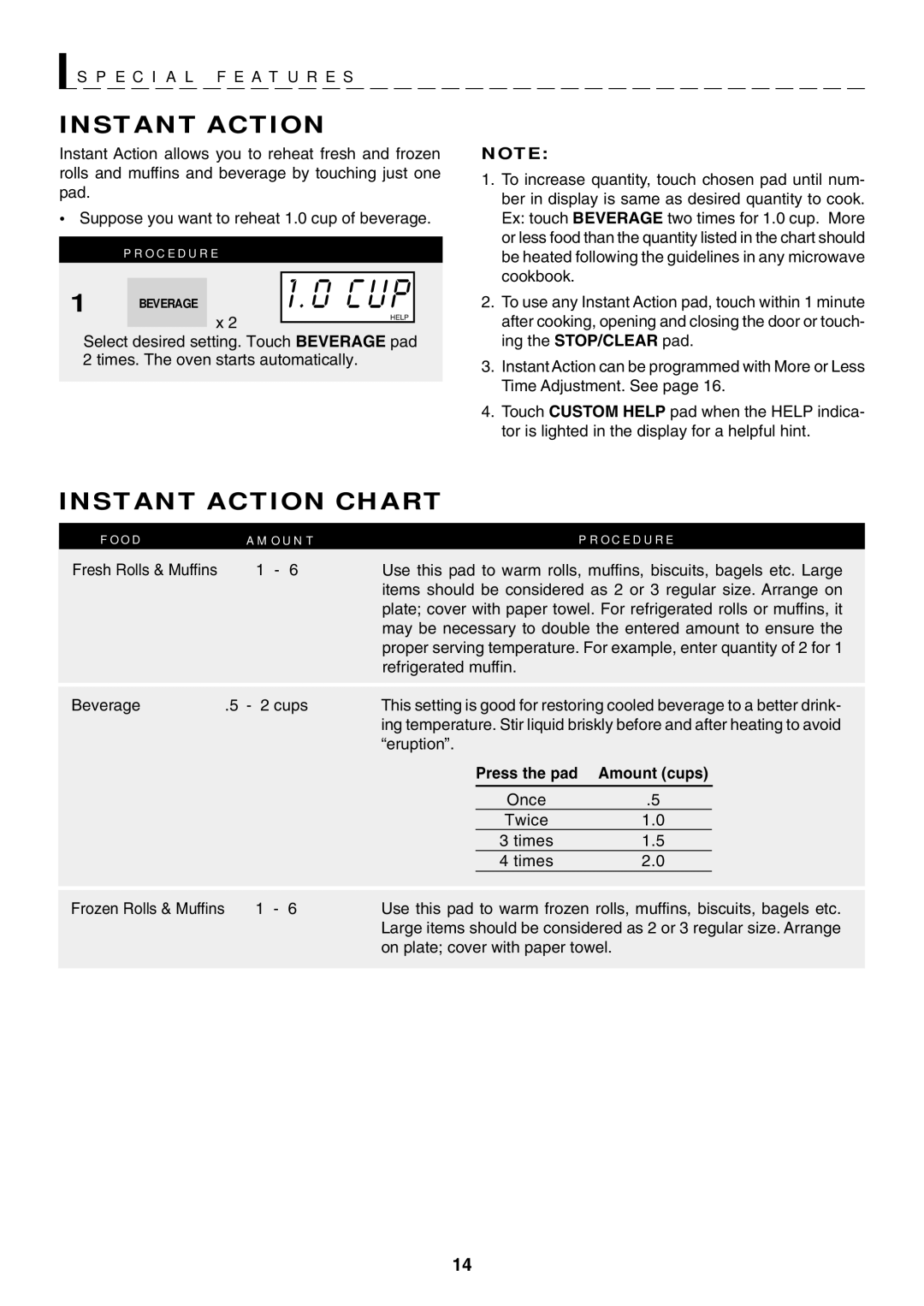 Sharp R-319F manual Instant Action Chart, Amount cups 