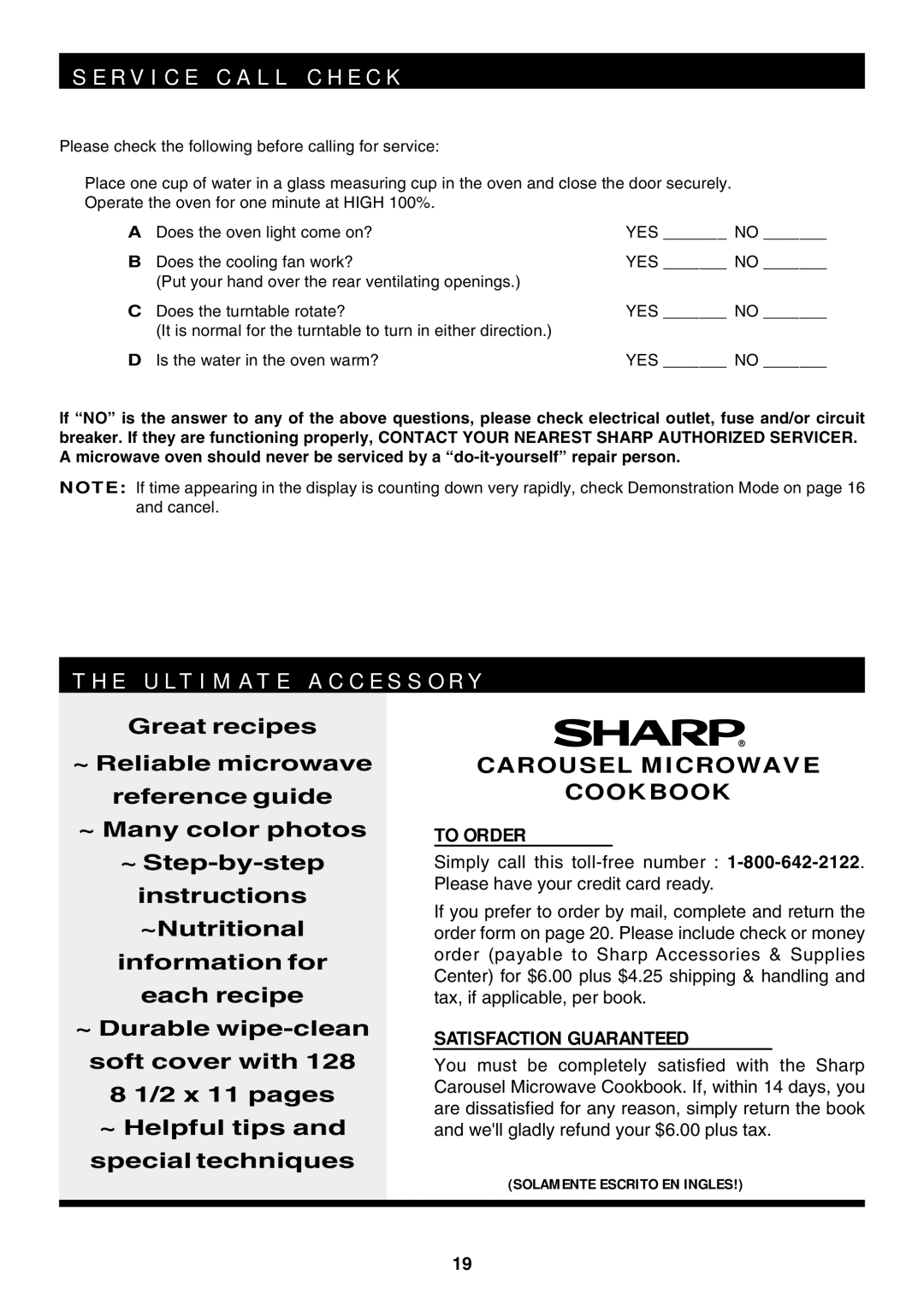 Sharp R-319F manual R V I C E C a L L C H E C K, E U L T I M a T E a C C E S S O R Y, Solamente Escrito EN Ingles 