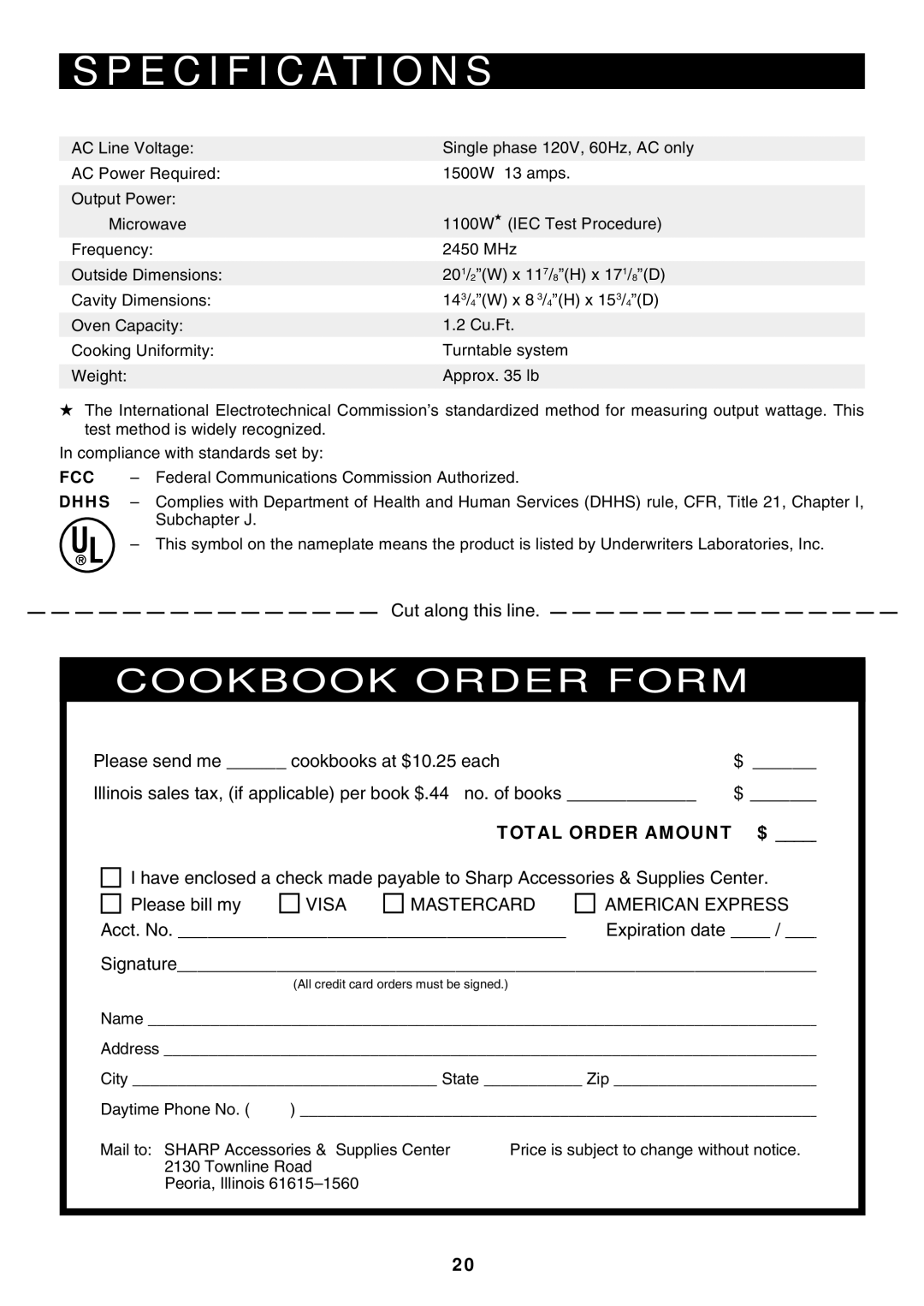 Sharp R-319F manual Specification S, Fcc, Dhhs 