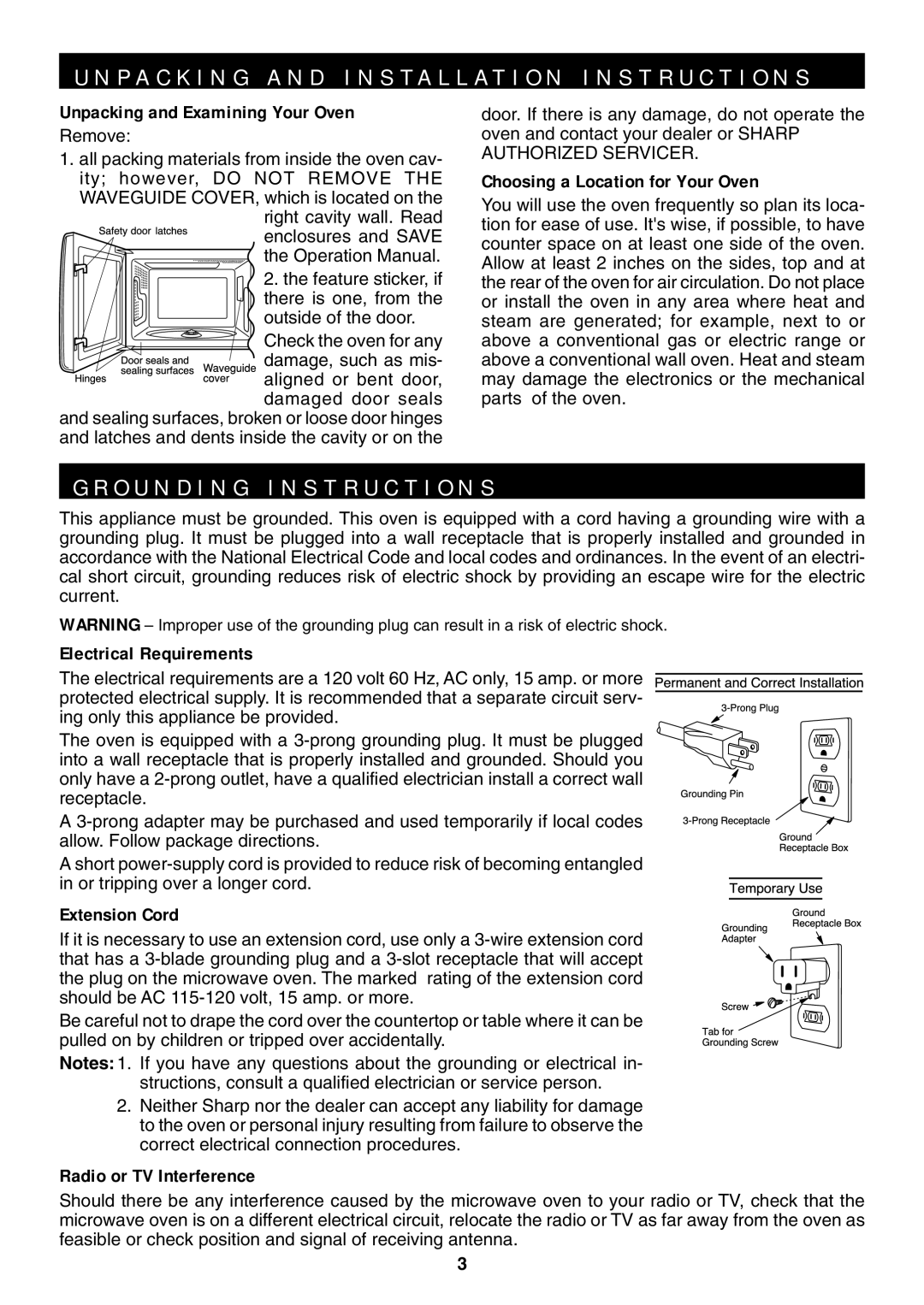 Sharp R-319F manual O U N D I N G I N S T R U C T I O N S, P a C K I N G a N D Installation I N S T R U C T I O N S 