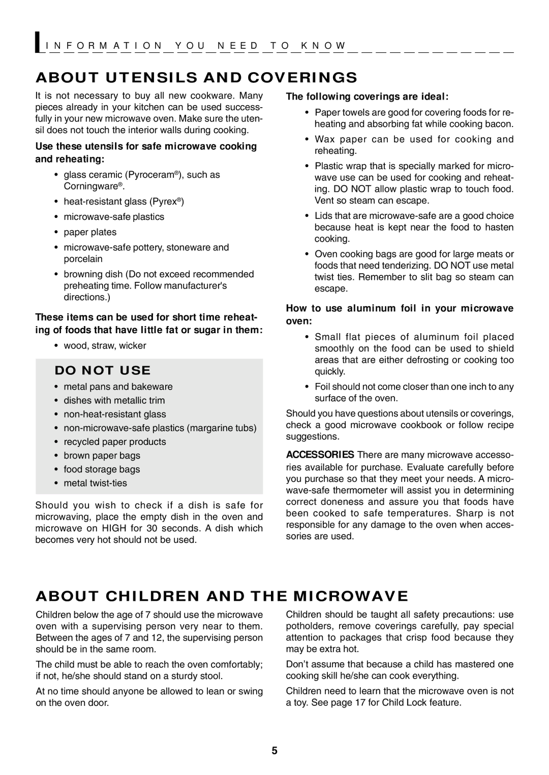 Sharp R-319F manual About Utensils and Coverings, About Children and the Microwave 