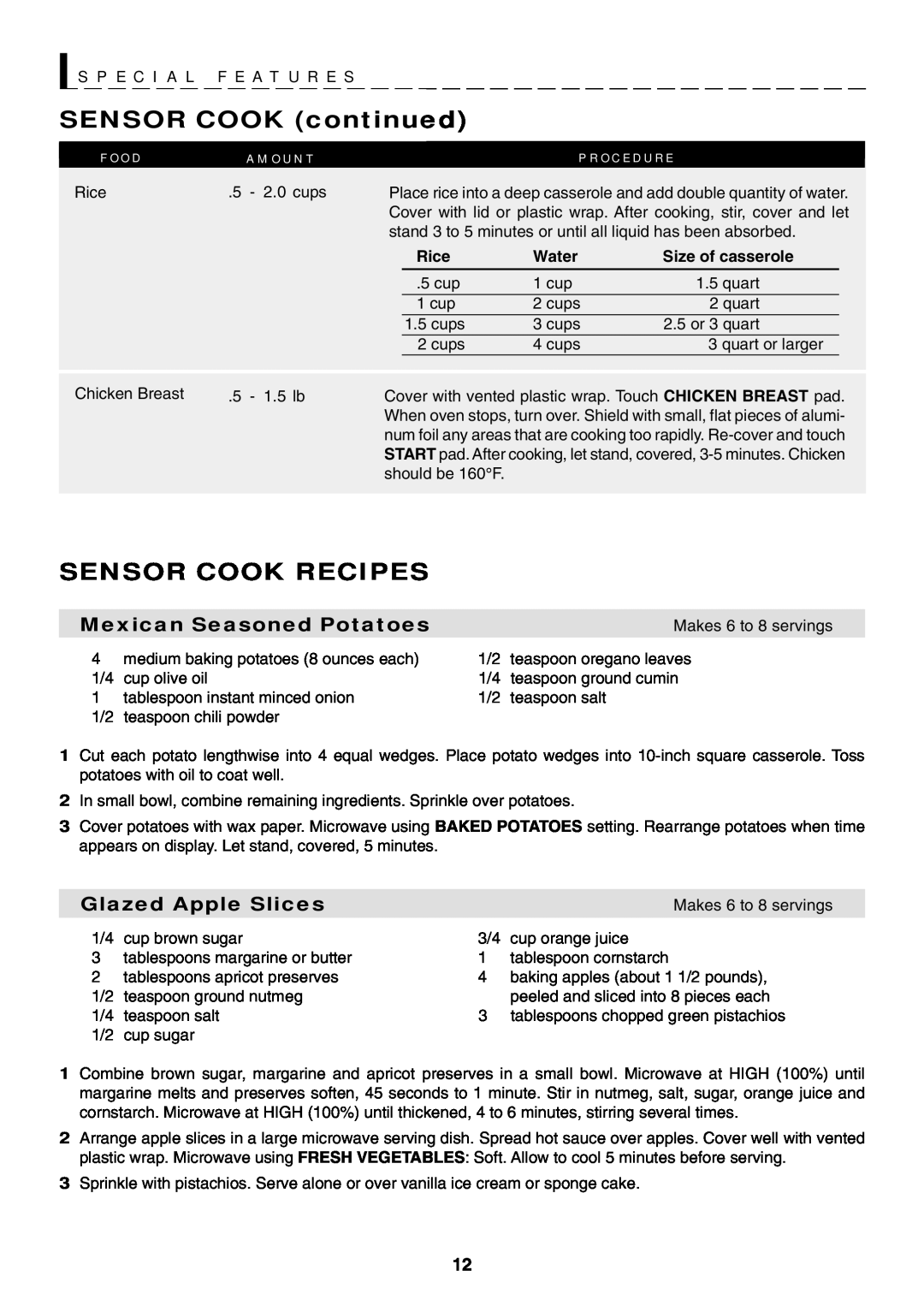 Sharp R-319F SENSOR COOK continued, Sensor Cook Recipes, S P E C I A L F E A T U R E S, Mexican Seasoned Potatoes, Rice 