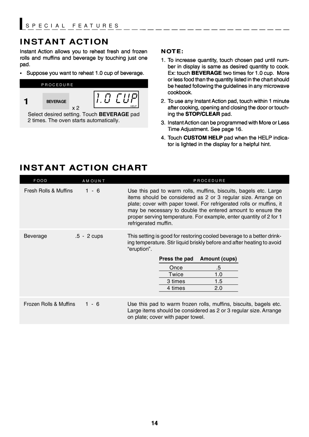 Sharp R-319F manual Instant Action Chart, S P E C I A L F E A T U R E S, 1 . 0 C U P, Amount cups 