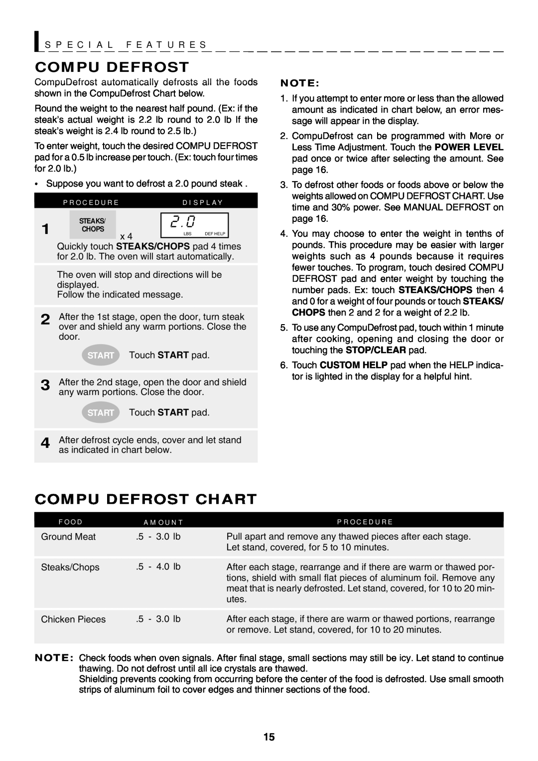 Sharp R-319F manual Compu Defrost Chart, S P E C I A L F E A T U R E S, Steaks 