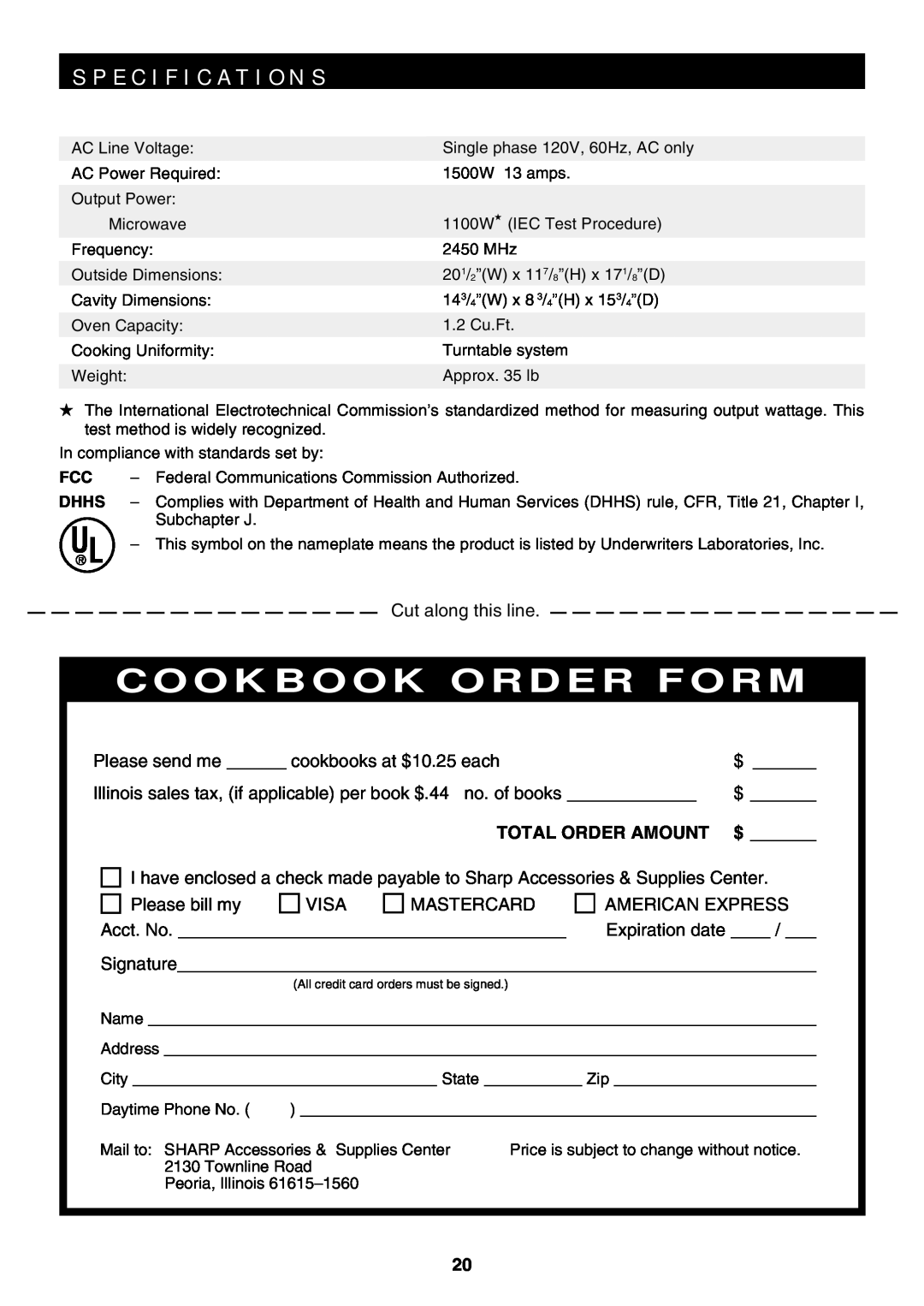 Sharp R-319F manual S P E C I F I C A T I O N S, Cookbook Order Form, Total Order Amount 