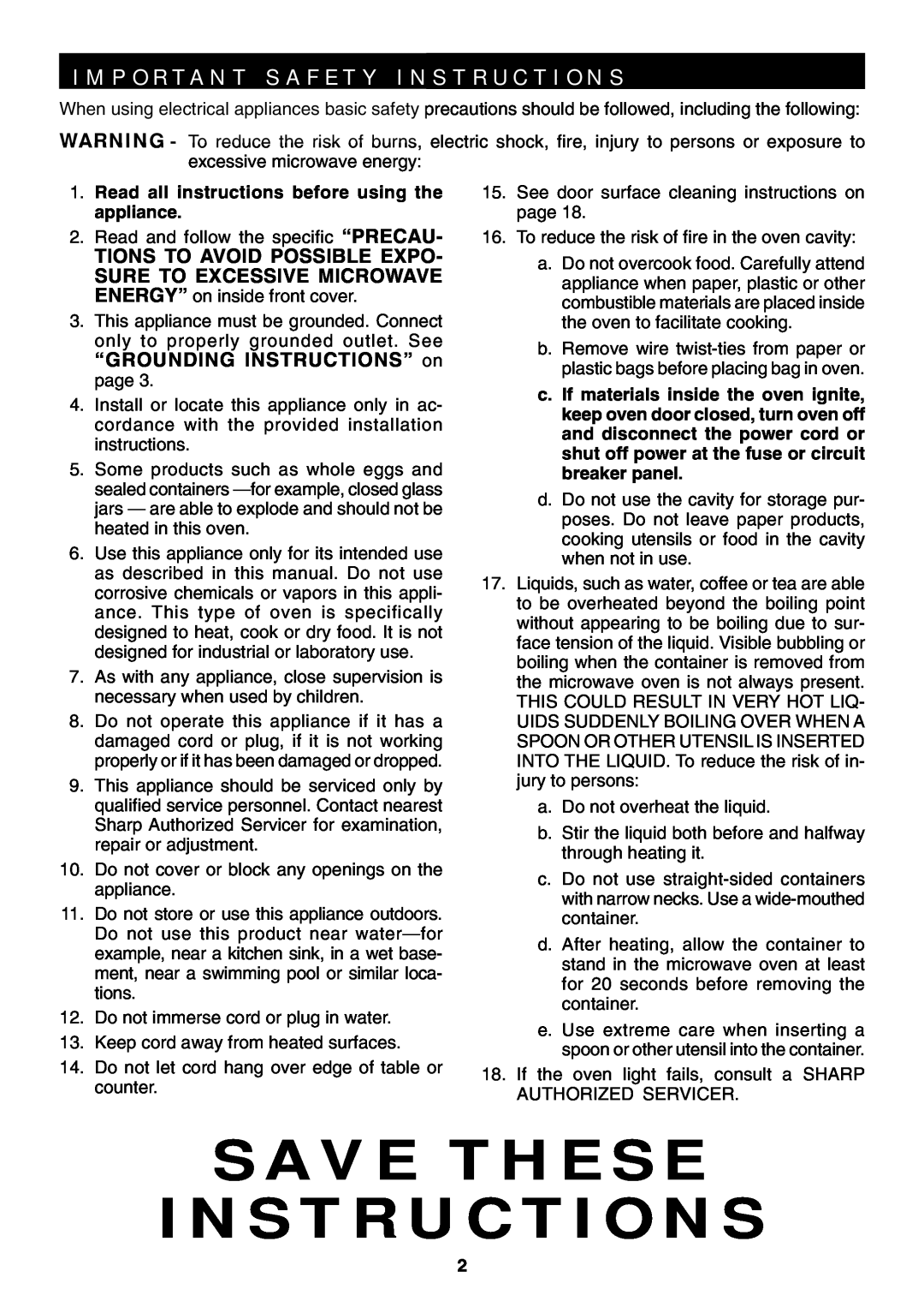 Sharp R-319F manual Save These Instructions, I M P O R T A N T S A F E T Y I N S T R U C T I O N S 