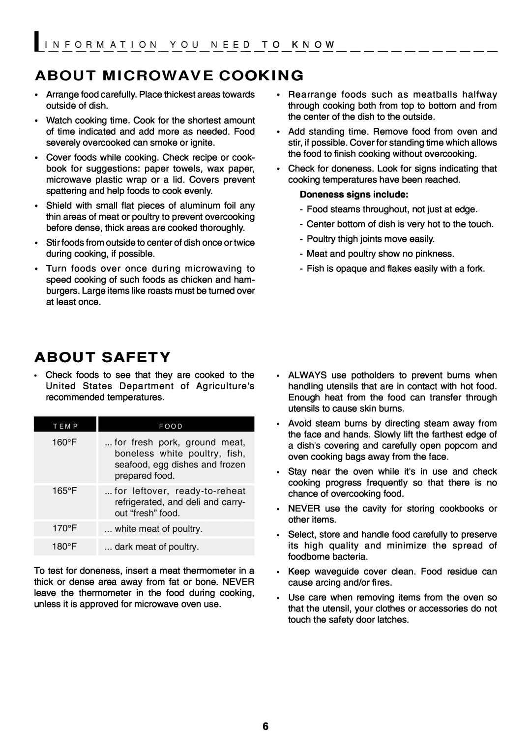Sharp R-319F About Microwave Cooking, About Safety, I N F O R M A T I O N Y O U N E E D T O K N O W, T E M P, F O O D 