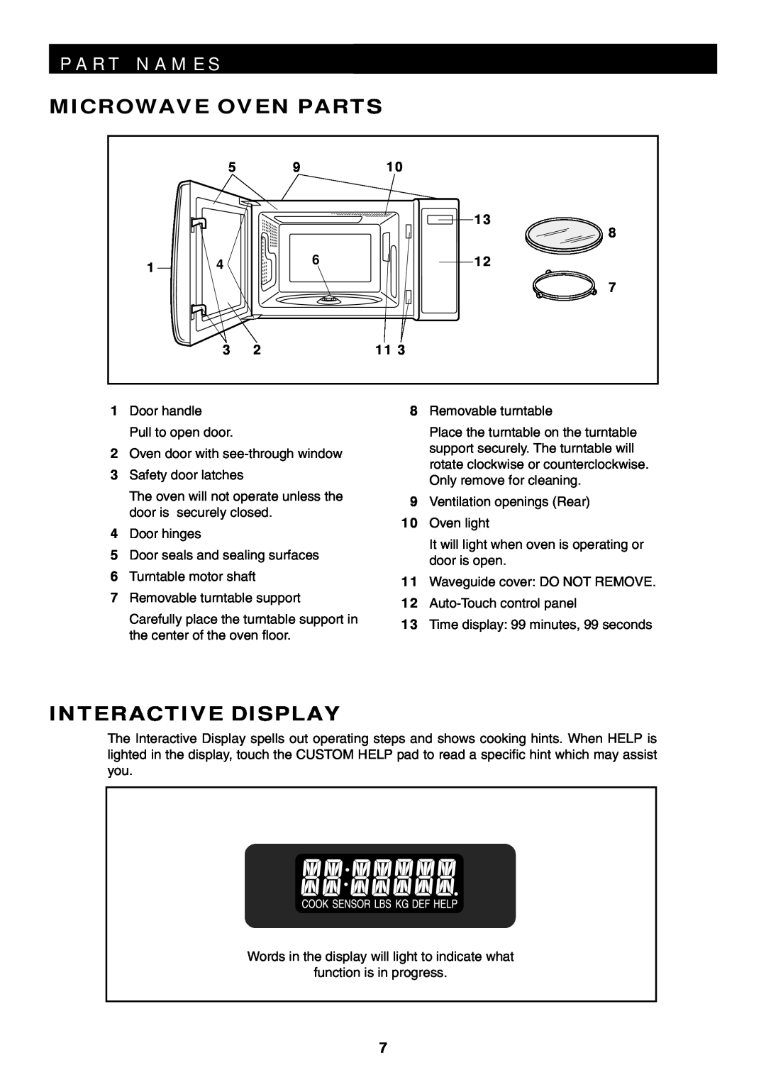 Sharp R-319F manual P A R T N A M E S, Microwave Oven Parts, Interactive Display 