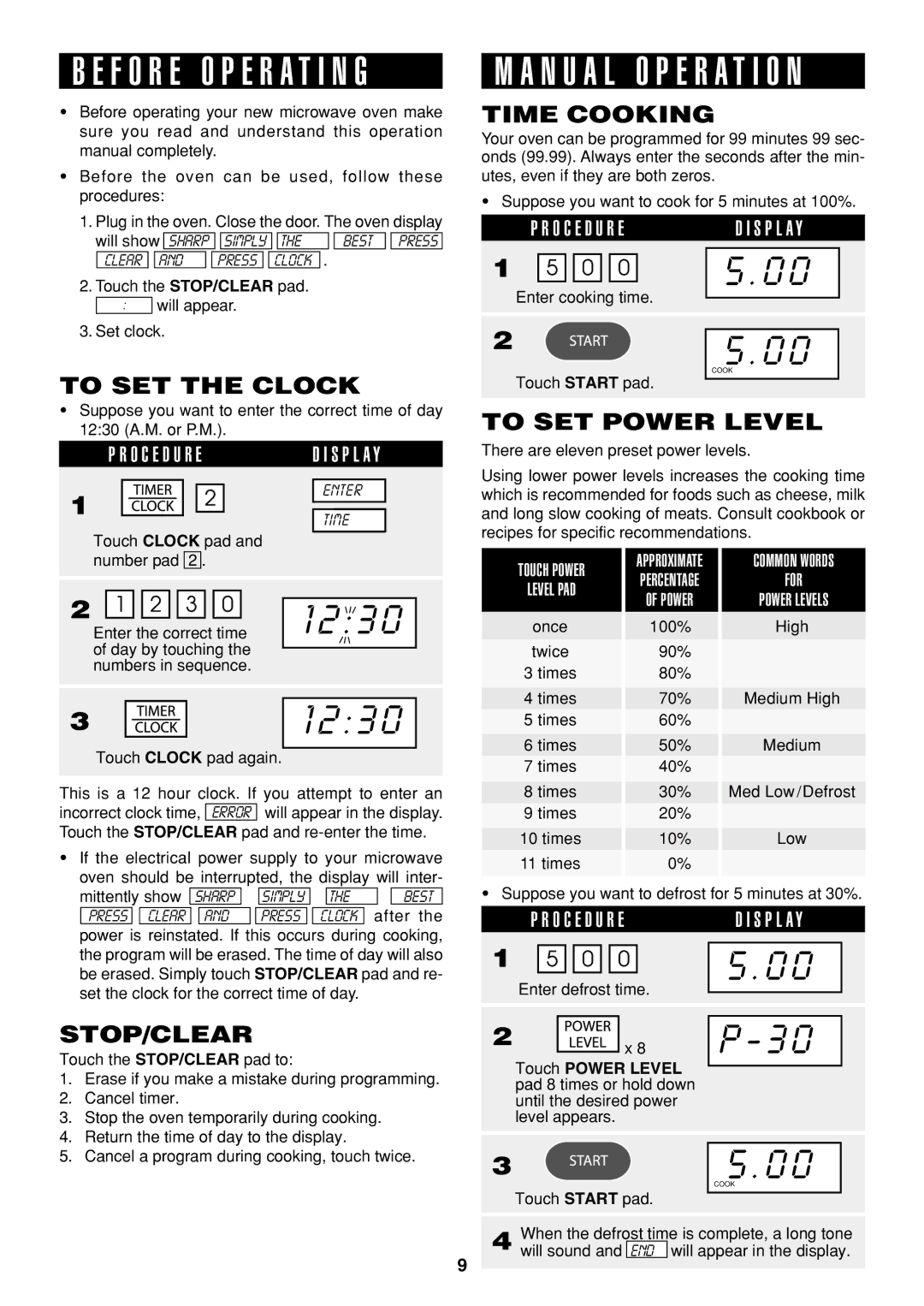 Sharp R-326FS operation manual To SET the Clock, Stop/Clear, Time Cooking, To SET Power Level 