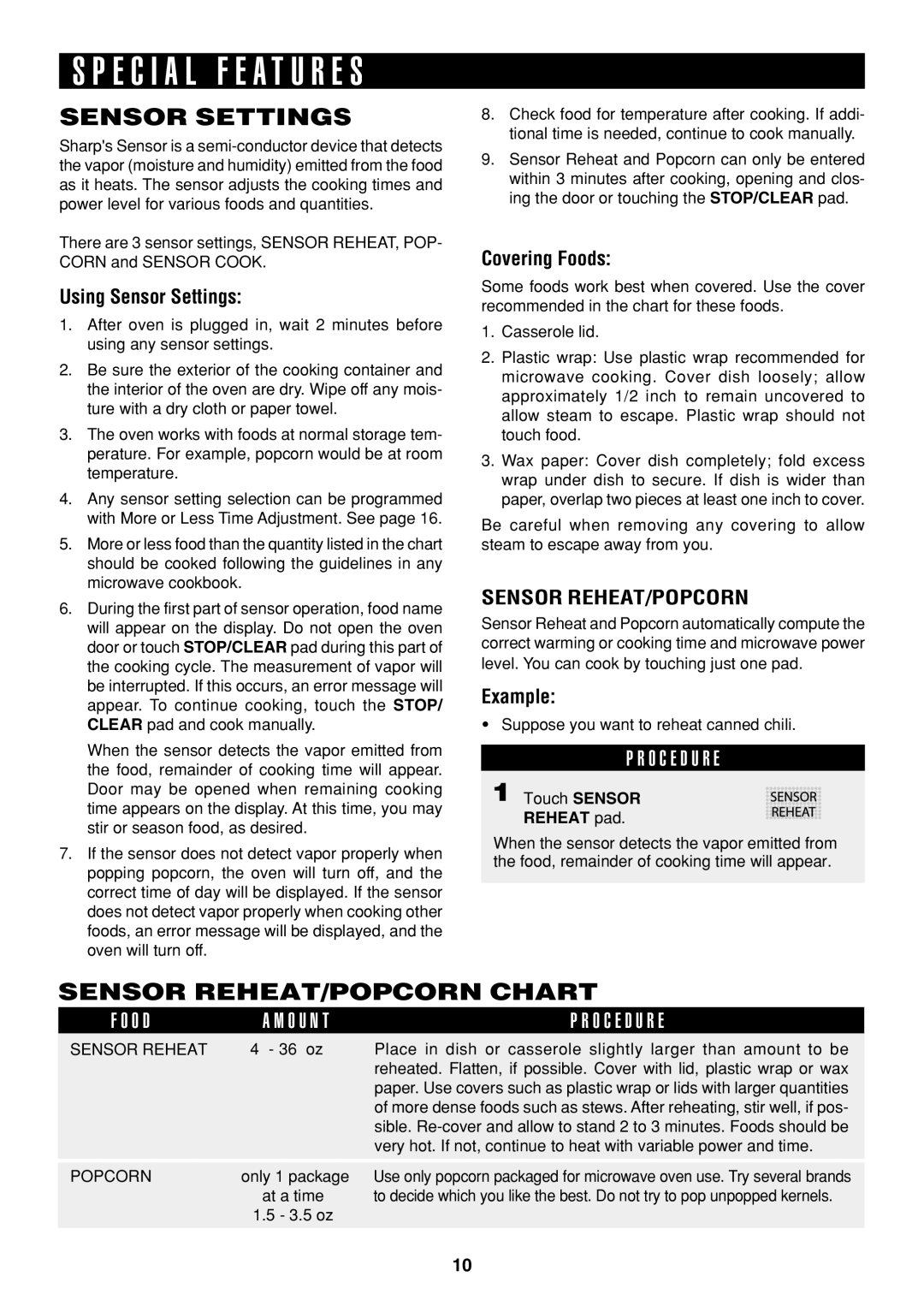 Sharp R-326FS operation manual Sensor Settings, Sensor REHEAT/POPCORN Chart, O C E D U R E, Touch Sensor Reheat pad 