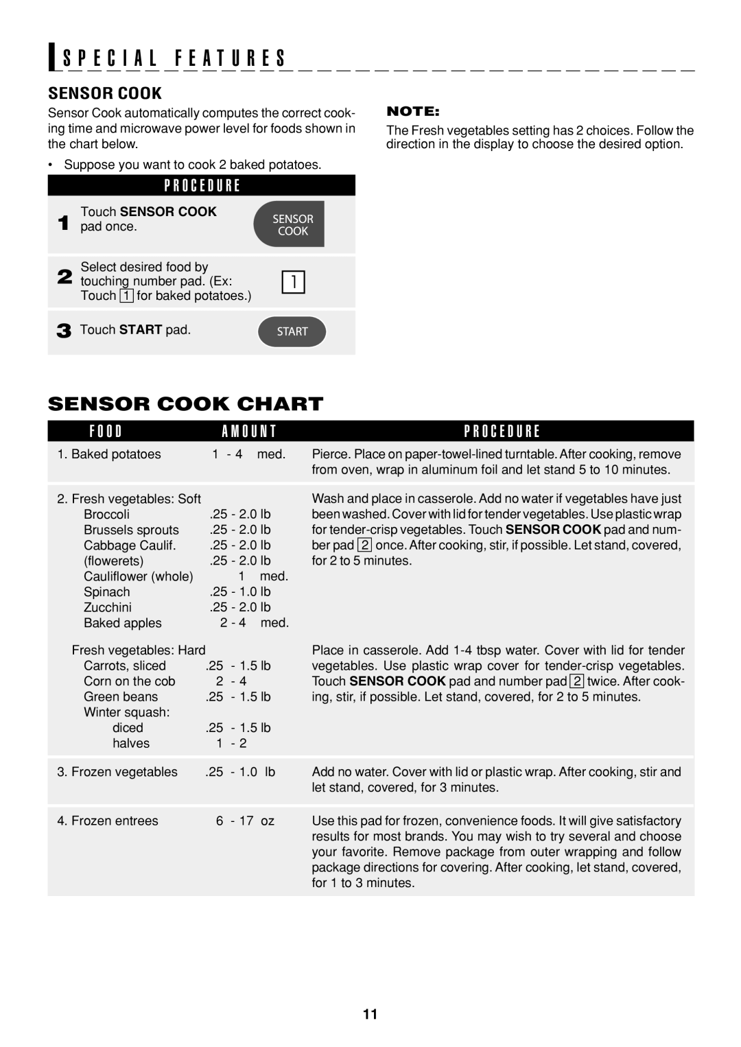 Sharp R-326FS operation manual Sensor Cook Chart, Touch Sensor Cook 