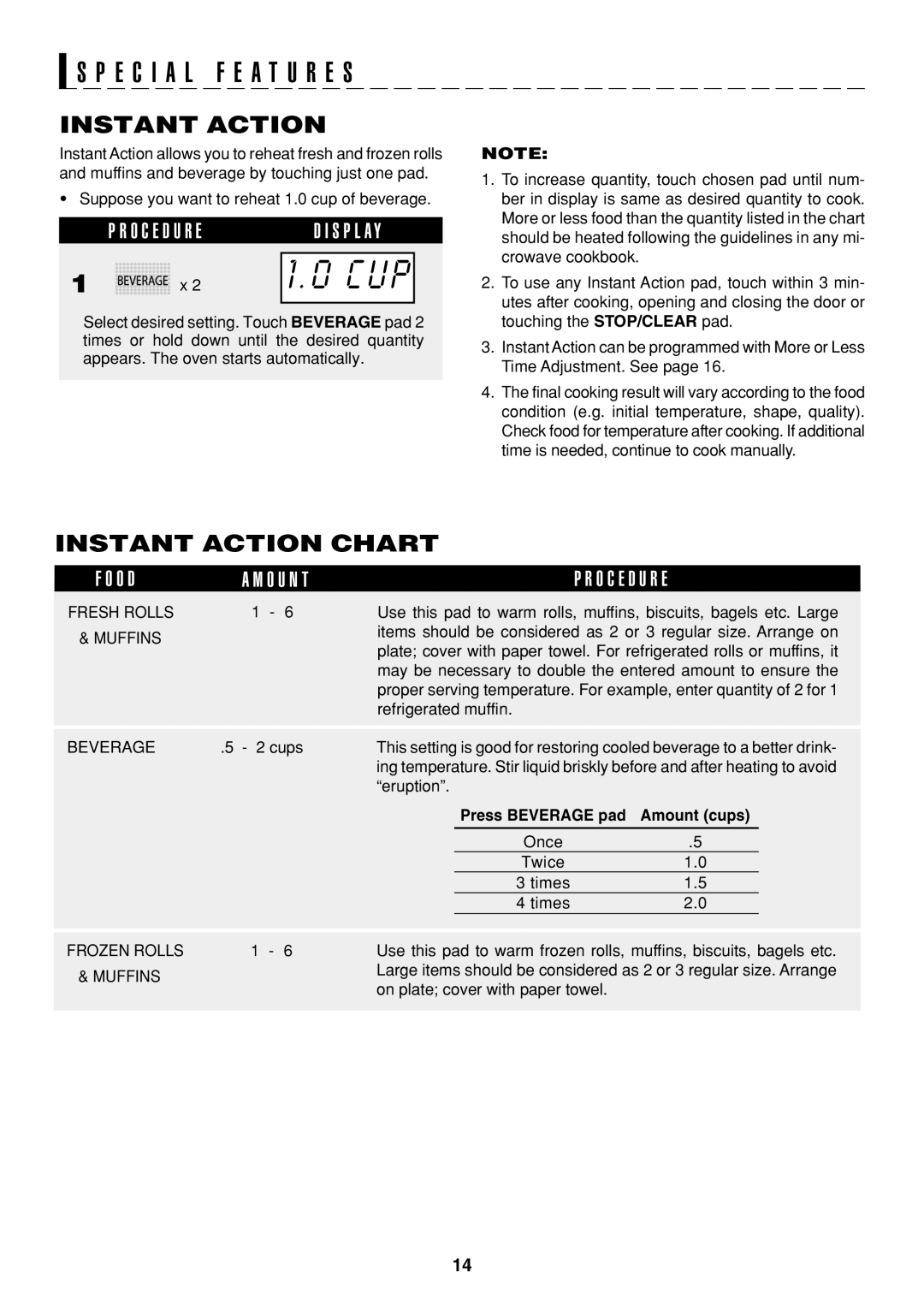 Sharp R-326FS operation manual Instant Action Chart, O D O U N T O C E D U R E, Press Beverage pad Amount cups 