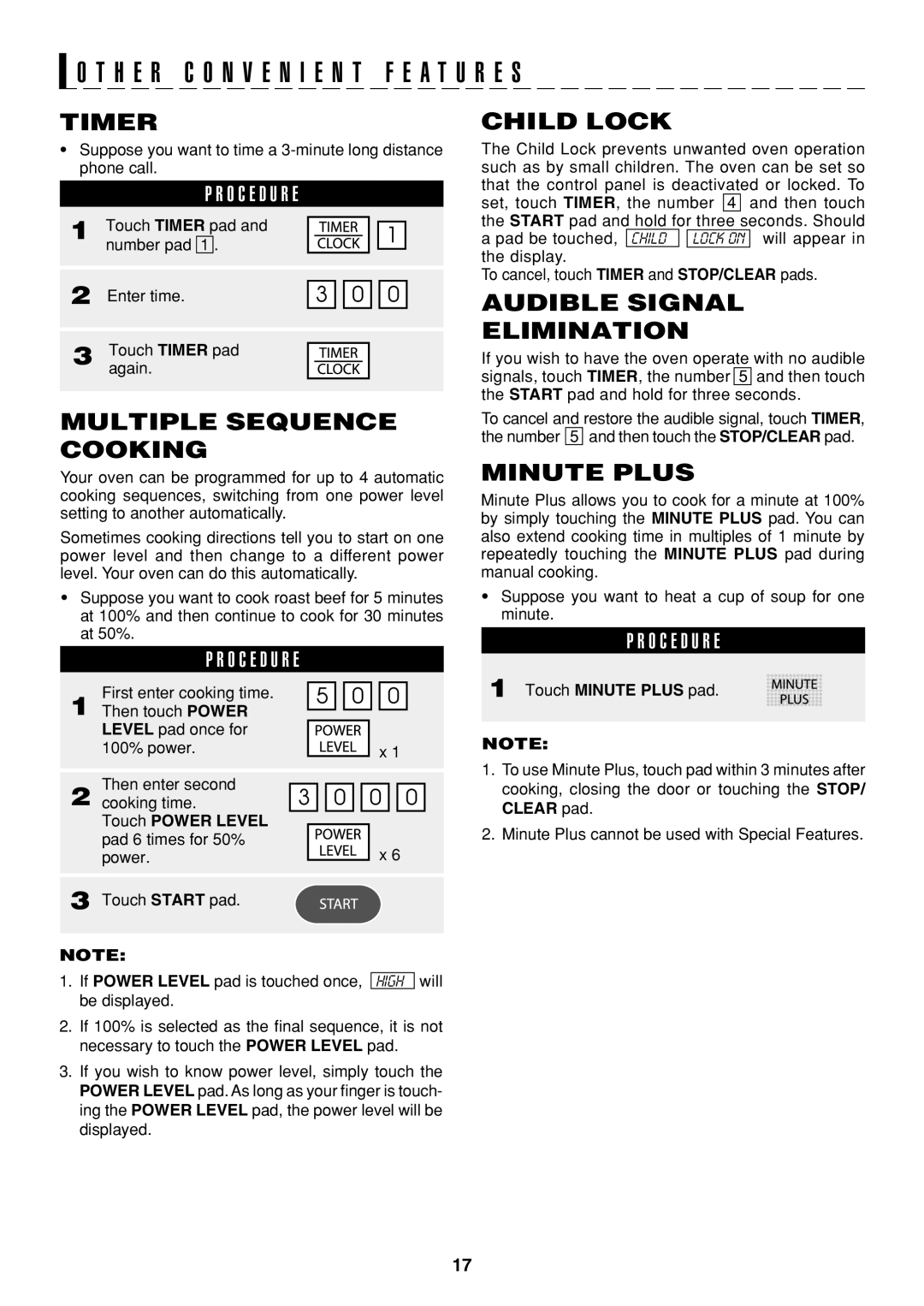 Sharp R-326FS operation manual Timer, Child Lock, Audible Signal Elimination, Touch Minute Plus pad 