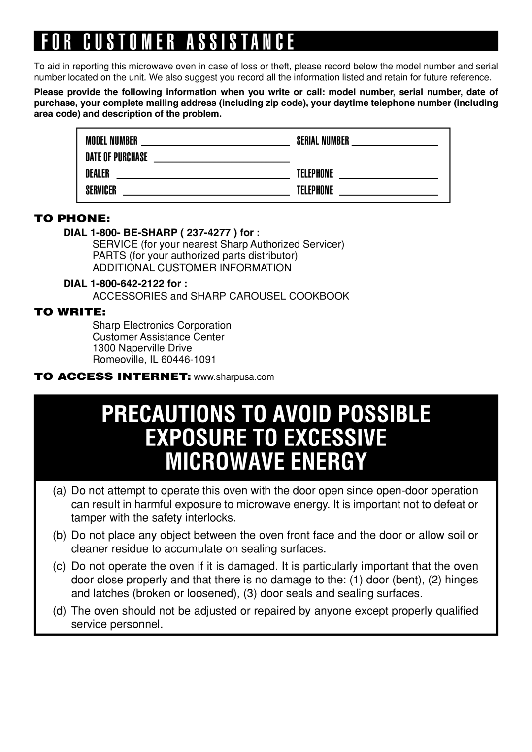 Sharp R-326FS operation manual R C U S T O M E R a S S I S T a N C E, To Phone 