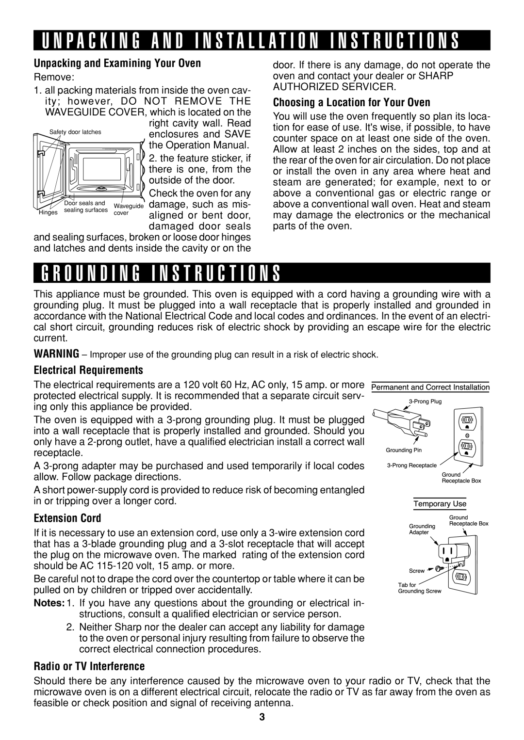 Sharp R-326FS O U N D I N G I N S T R U C T I O N S, P a C K I N G a N D Installation I N S T R U C T I O N S 