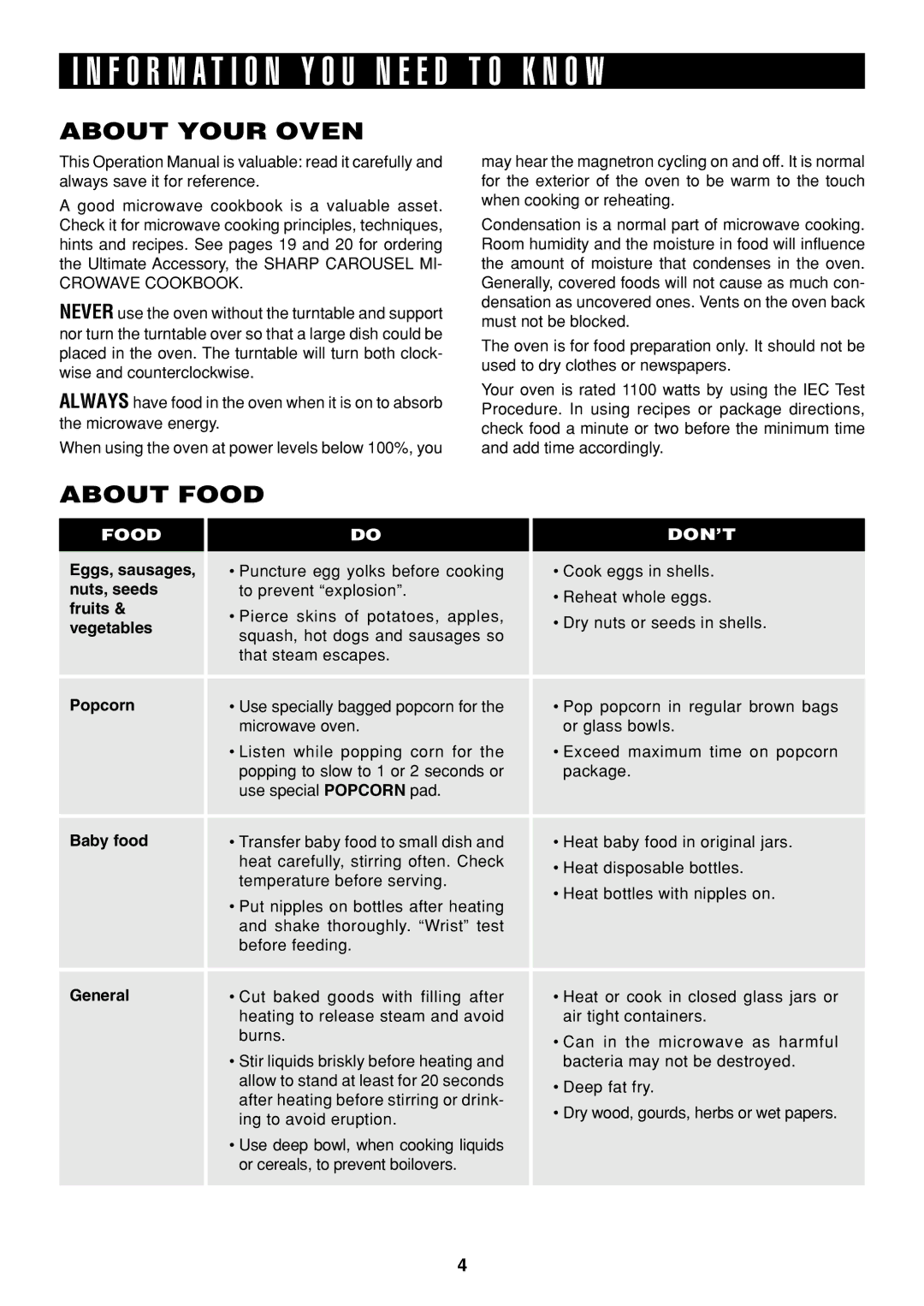 Sharp R-326FS operation manual About Your Oven, About Food 