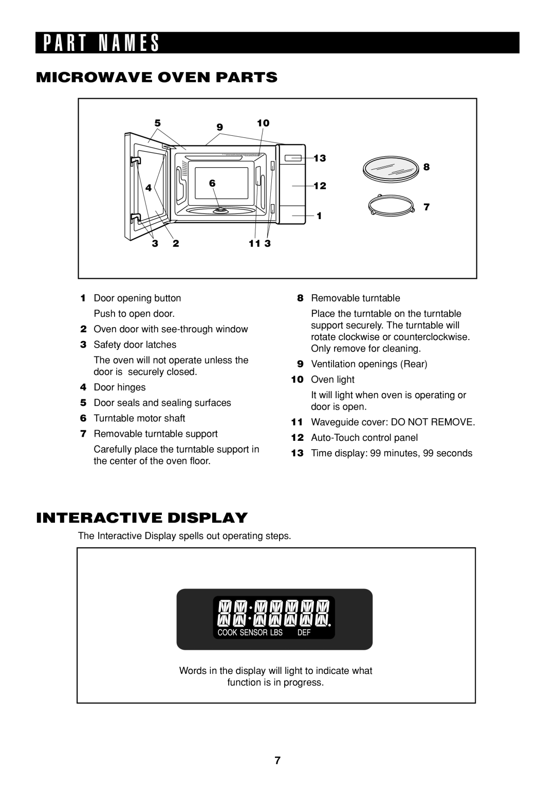 Sharp R-326FS operation manual R T N a M E S, Microwave Oven Parts, Interactive Display 