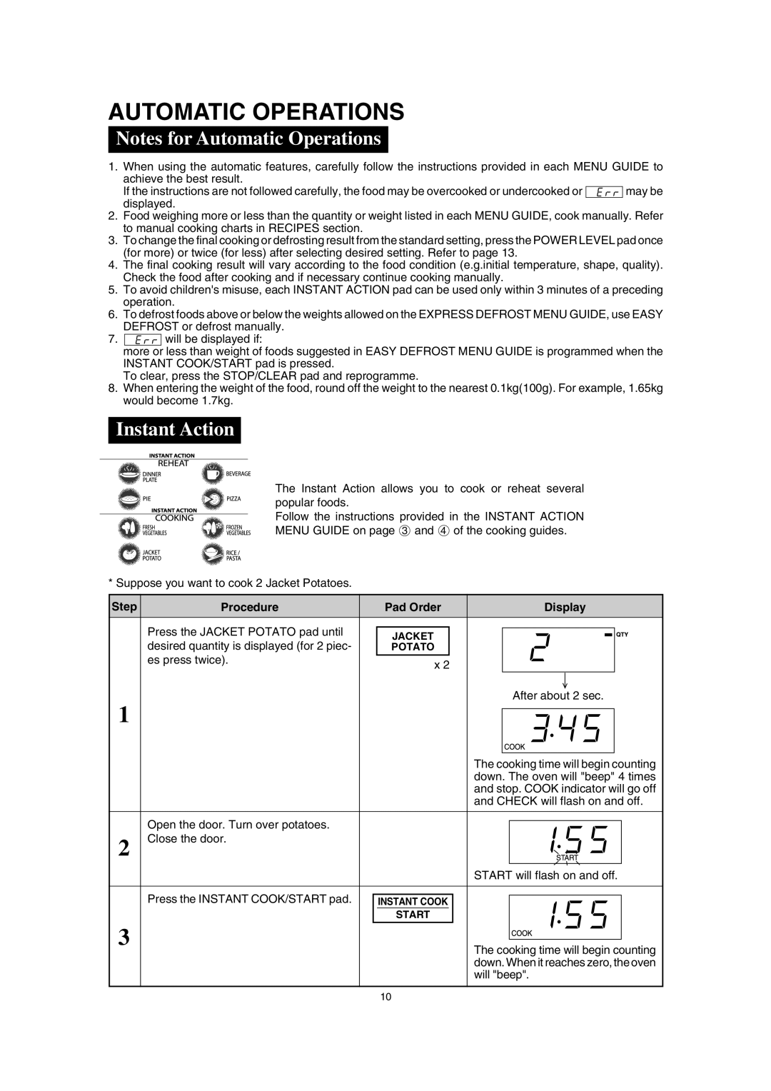 Sharp R-330J(W), R-330J(S) manual Notes for Automatic Operations, Instant Action 
