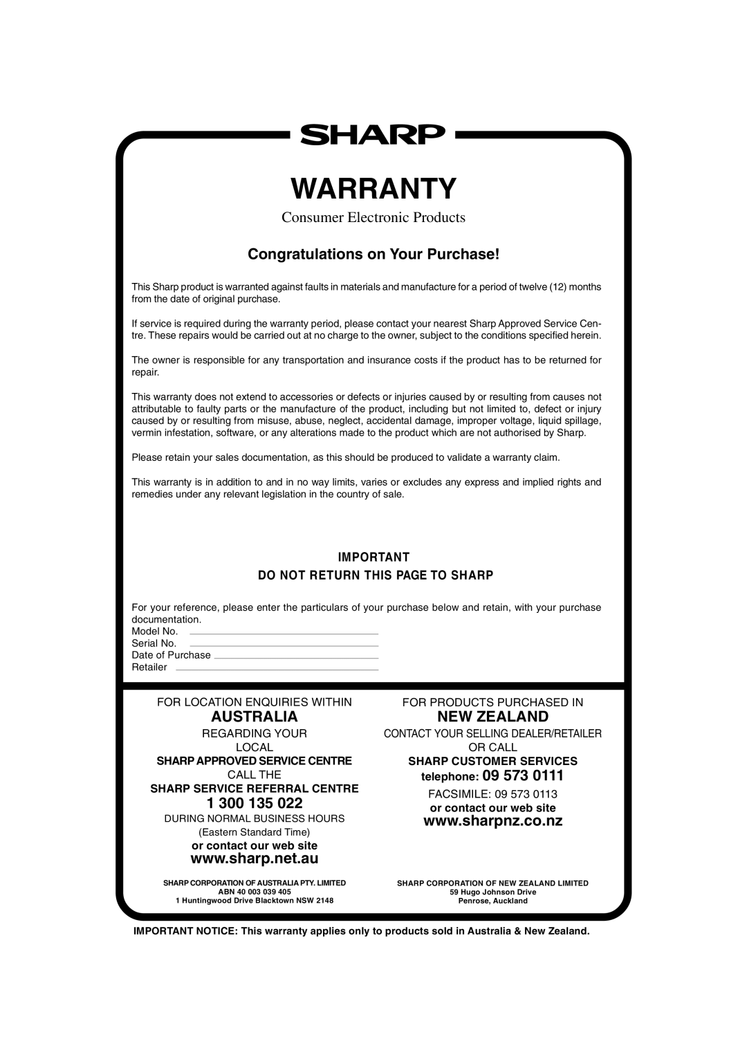 Sharp R-330J(W), R-330J(S) manual Warranty, Congratulations on Your Purchase, Australia, New Zealand, 1 300 135 