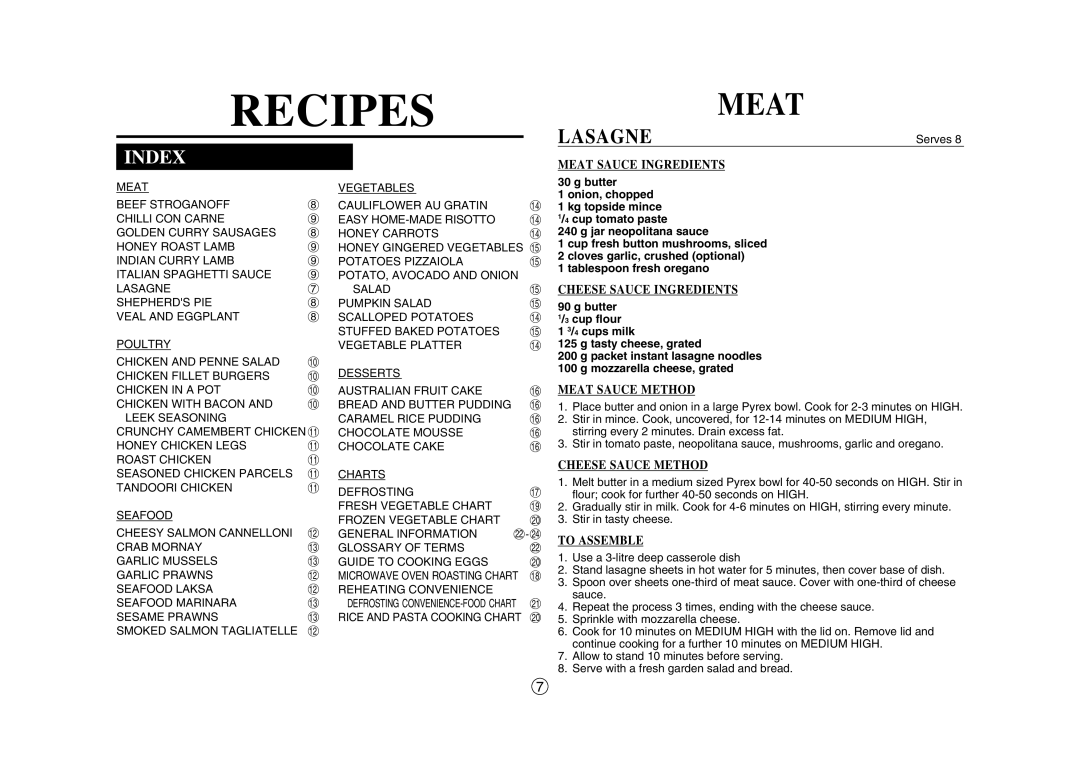 Sharp R-330J(S) manual Index, Lasagne, Meat Sauce Ingredients, Cheese Sauce Ingredients, Meat Sauce Method, To Assemble 