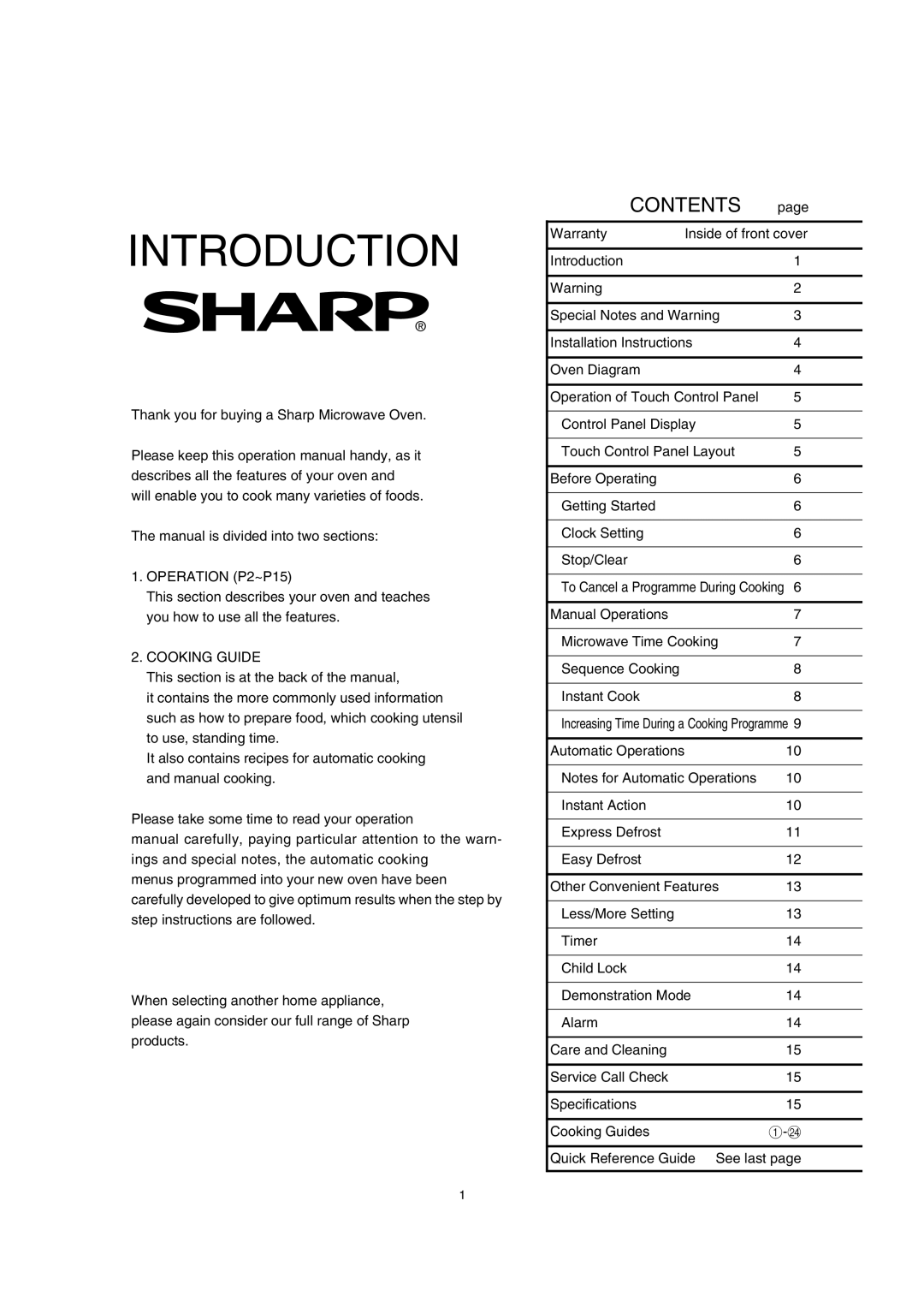 Sharp R-330J(S), R-330J(W) manual Introduction, Contents 