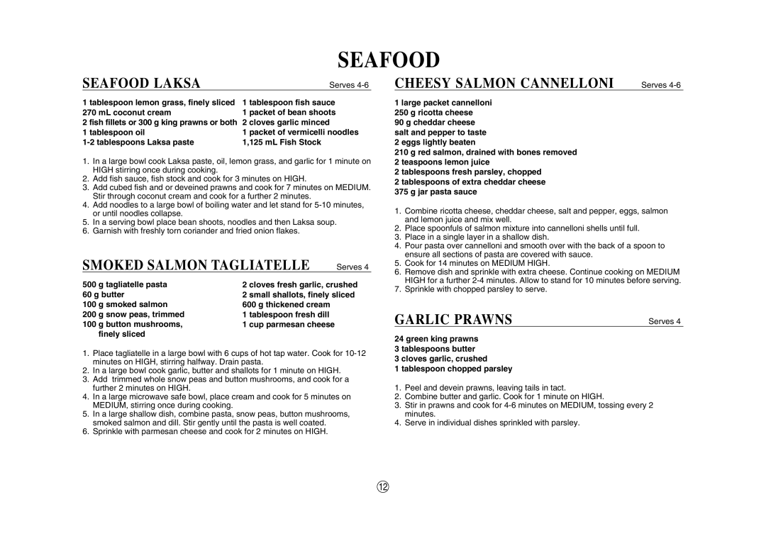 Sharp R-330J(W), R-330J(S) Seafood Laksa, Smoked Salmon Tagliatelle, CHEESY SALMON CANNELLONI Serves, Garlic Prawns 