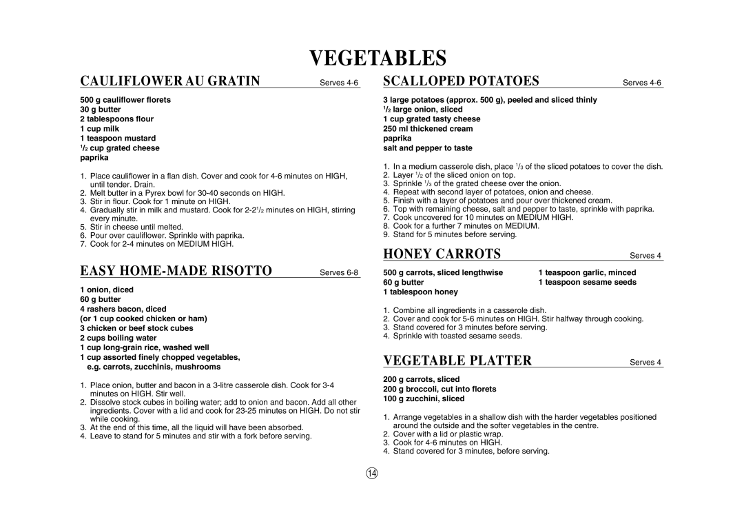 Sharp R-330J(W), R-330J(S) Vegetables, Cauliflower Au Gratin, Easy Home-Made Risotto, Scalloped Potatoes, Honey Carrots 