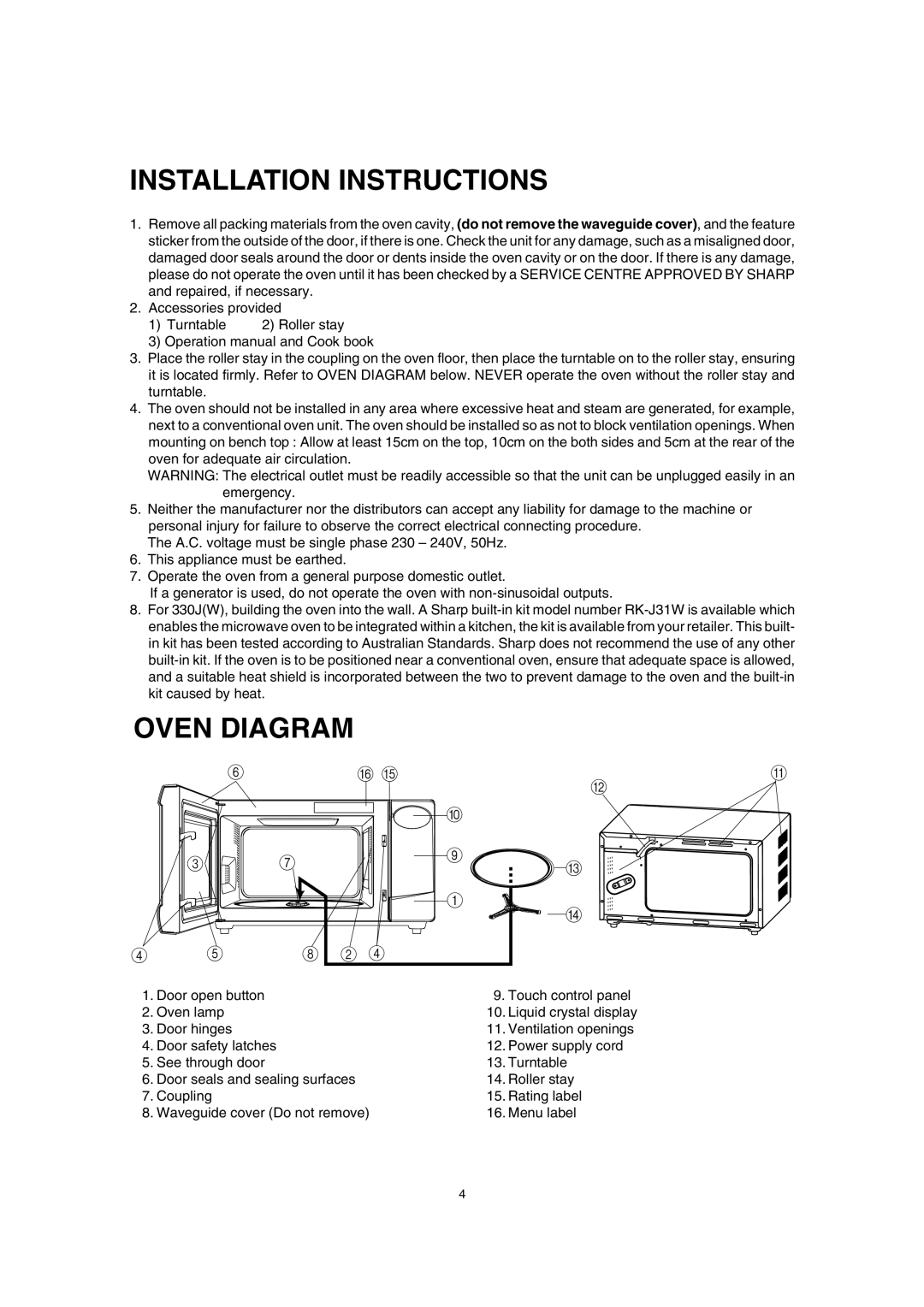 Sharp R-330J(W), R-330J(S) manual Installation Instructions, Oven Diagram 