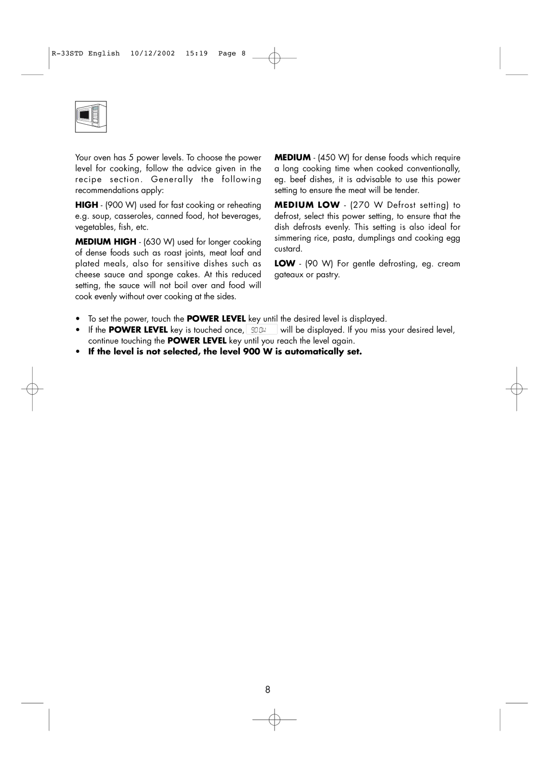 Sharp R-33STD operation manual Microwave Power Levels 