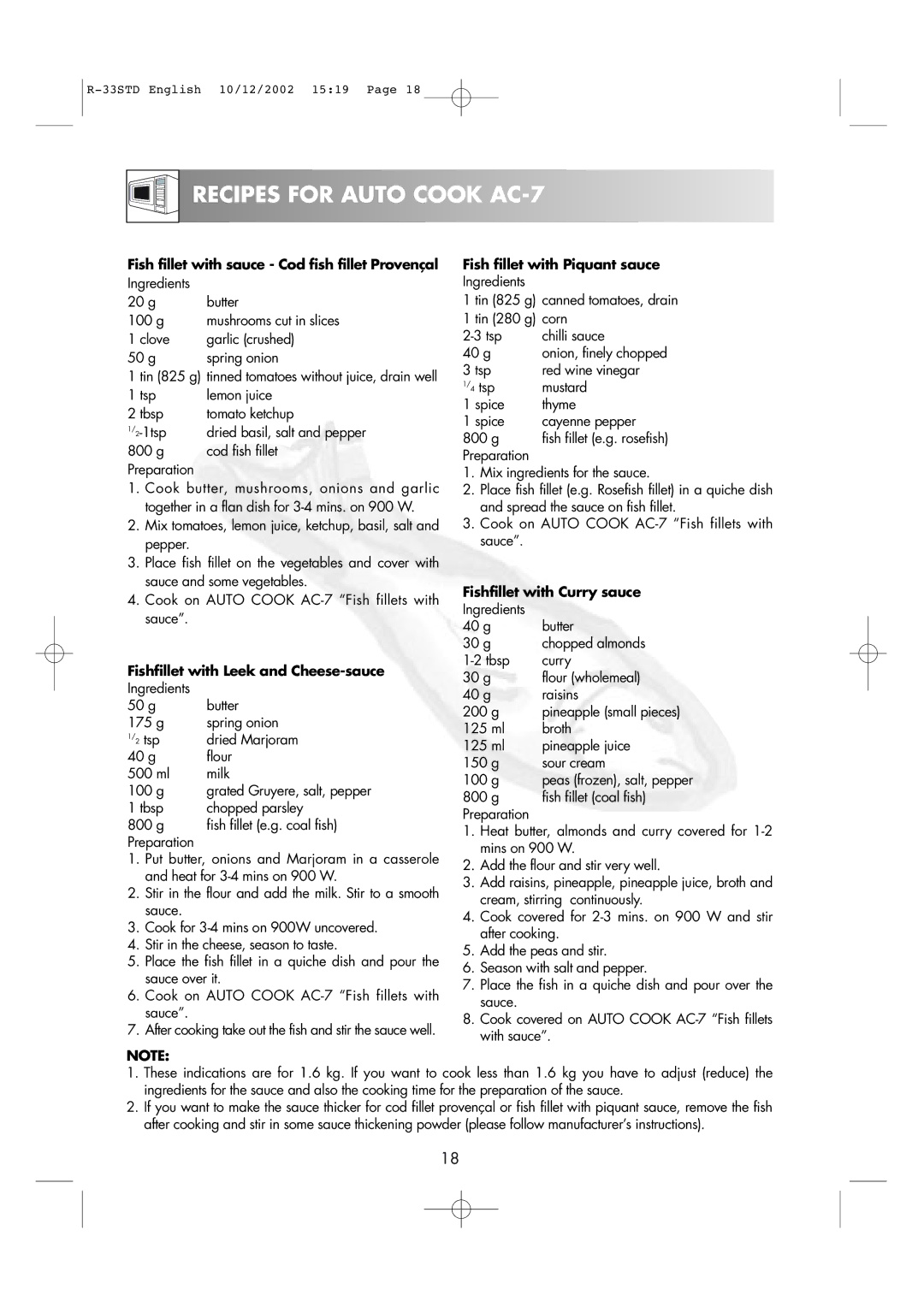 Sharp R-33STD operation manual Recipesxxxxxxxxxxxxxfor Auto Cook AC-7, Fish fillet with sauce Cod fish fillet Provençal 