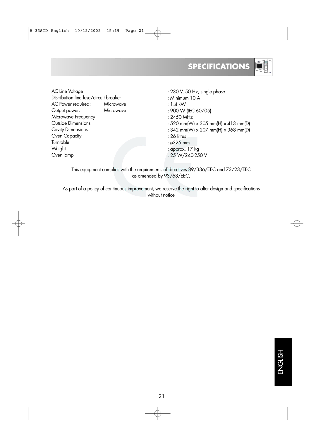 Sharp R-33STD operation manual Specifications 