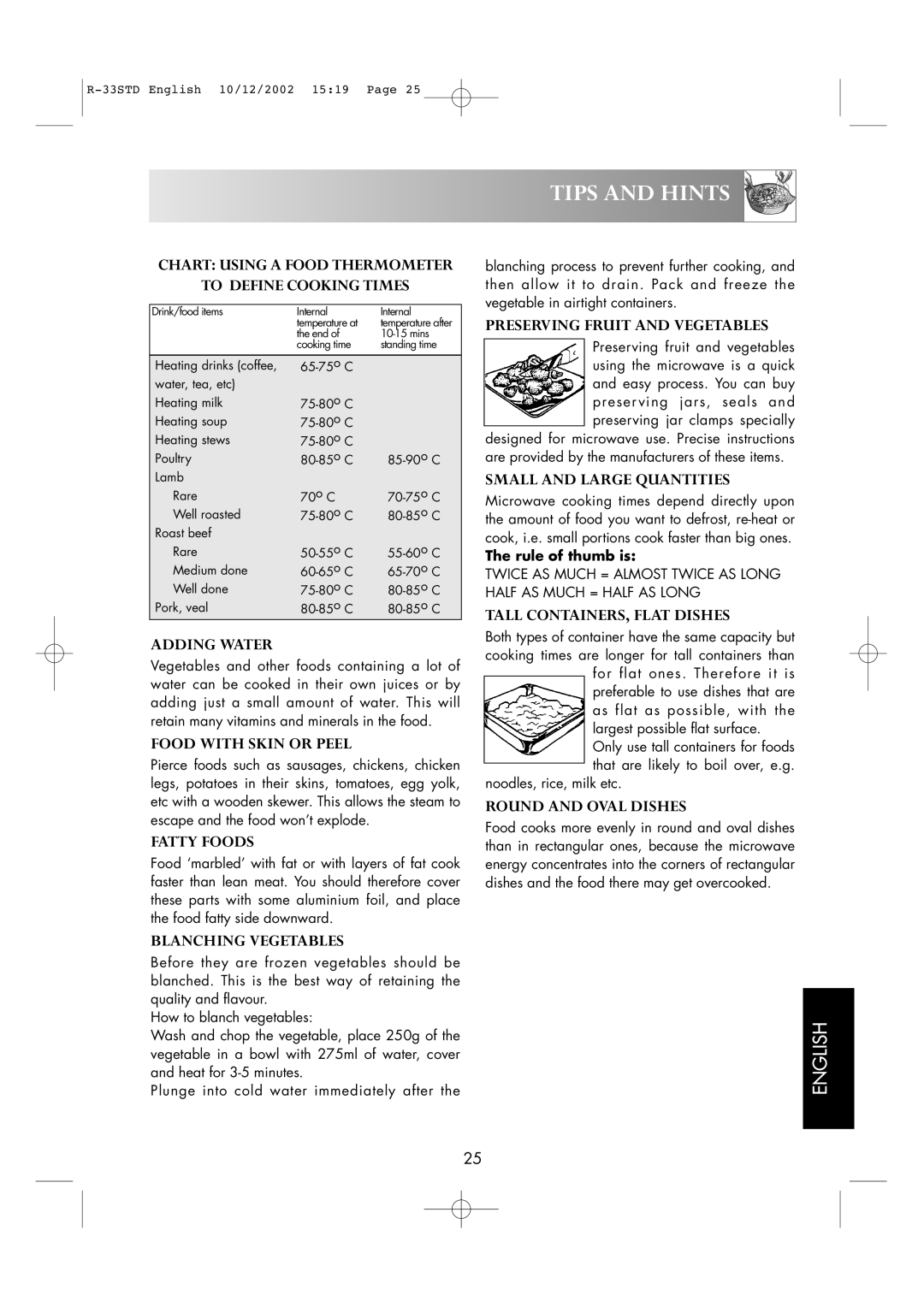 Sharp R-33STD Chart Using a Food Thermometer To Define Cooking Times, Adding Water, Food with Skin or Peel, Fatty Foods 