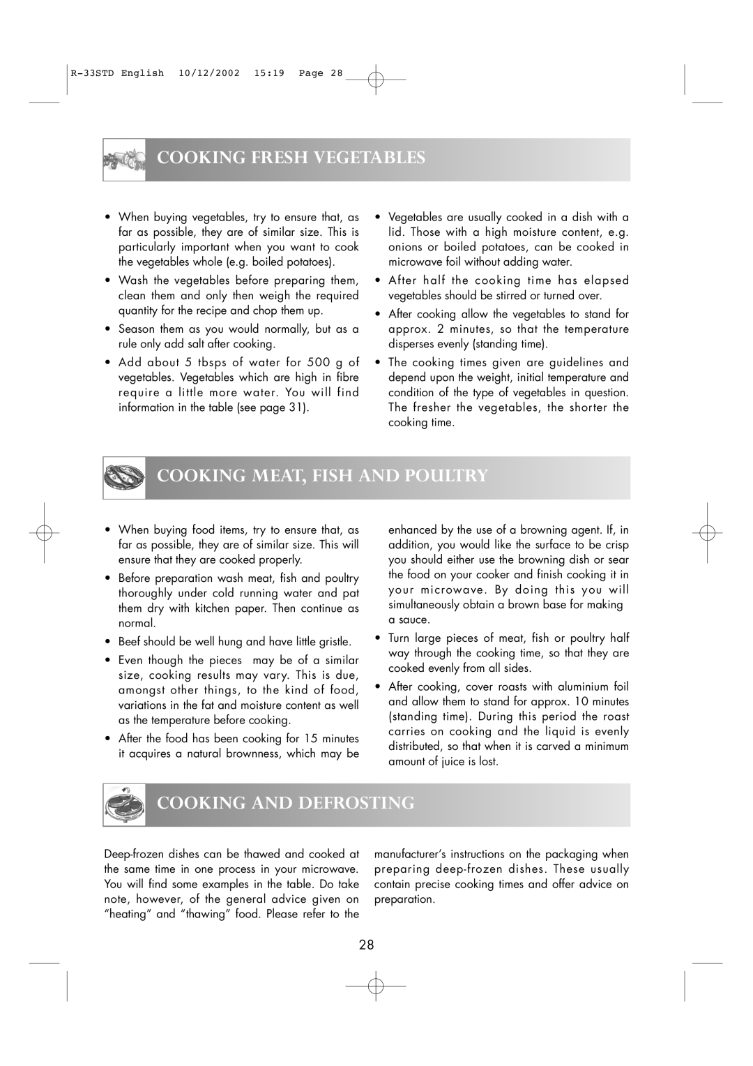 Sharp R-33STD operation manual Cooking Fresh Vegetables, Cooking MEAT, Fish and Poultry, Cooking and Defrosting 