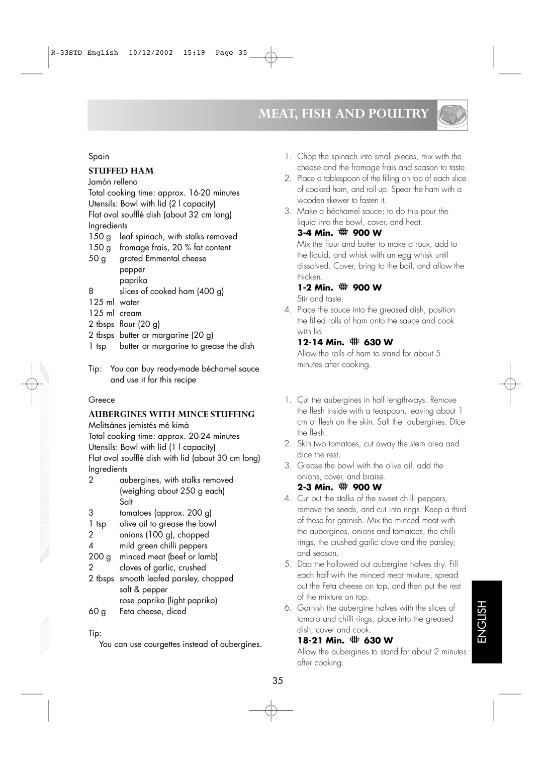 Sharp R-33STD operation manual Stuffed HAM, Aubergines with Mince Stuffing, Min W Stir and taste 