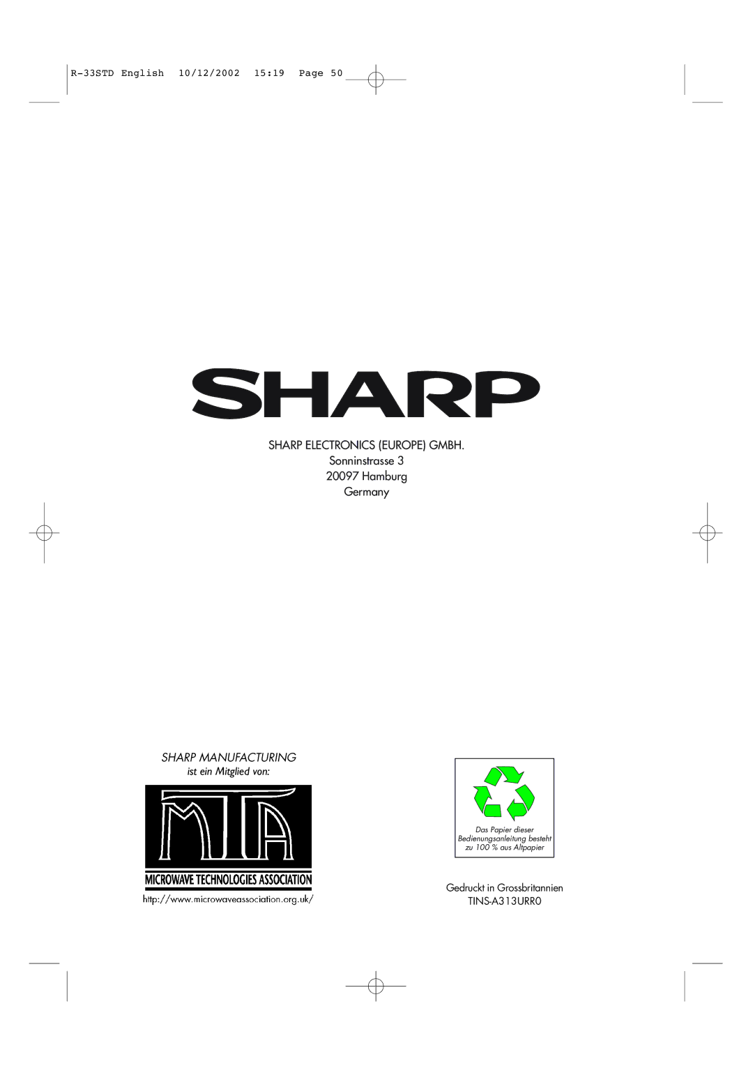 Sharp R-33STD operation manual Sharp Manufacturing 