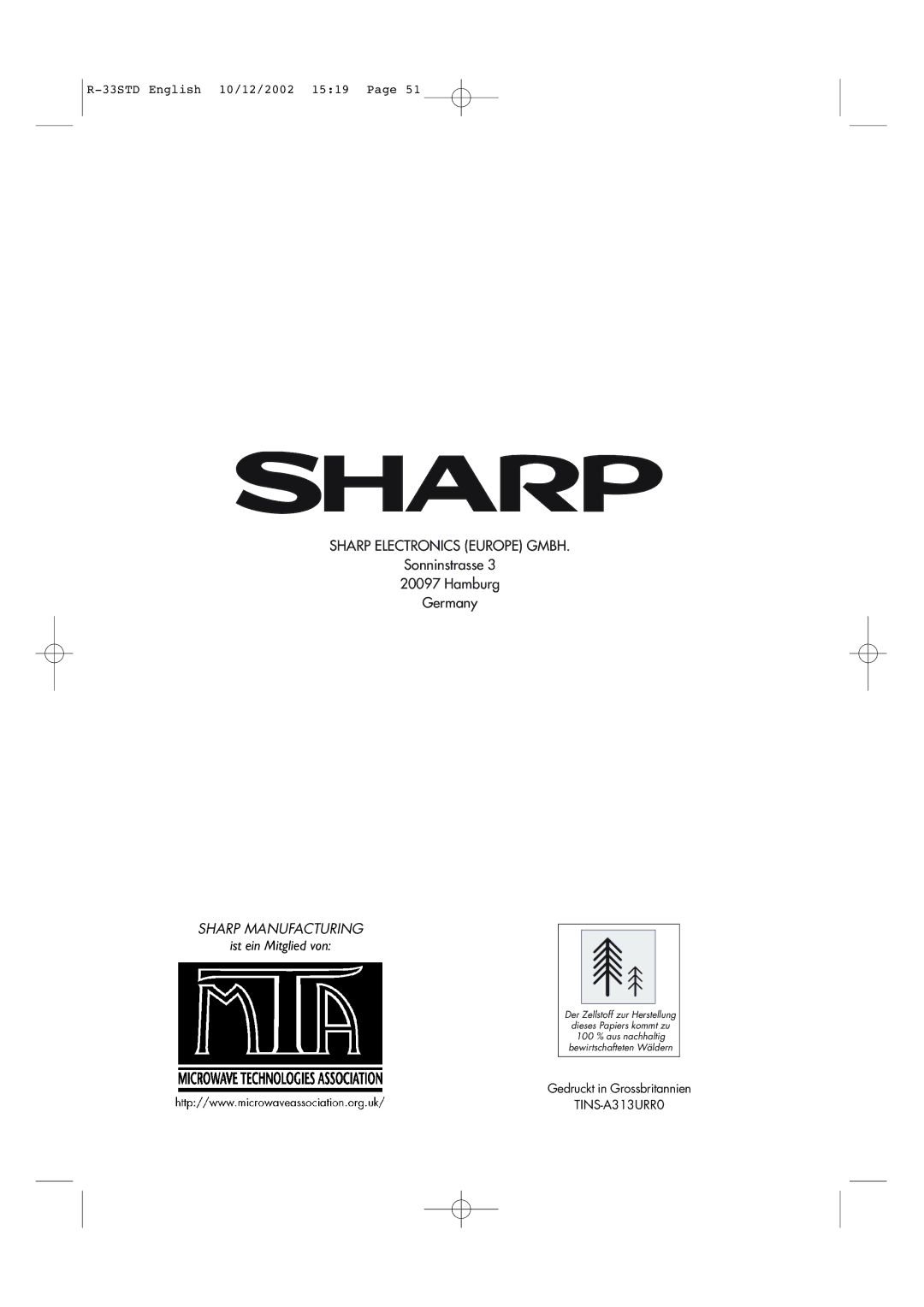 Sharp R-33STD operation manual Sharp Manufacturing 