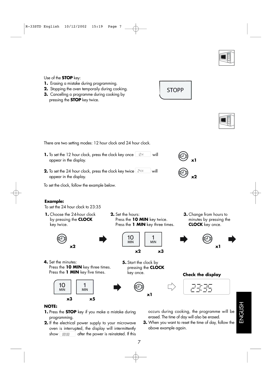 Sharp R-33STD Stop KEY, Setting the Clock, Example, Press the 1 MIN key five times Key once, Check the display 