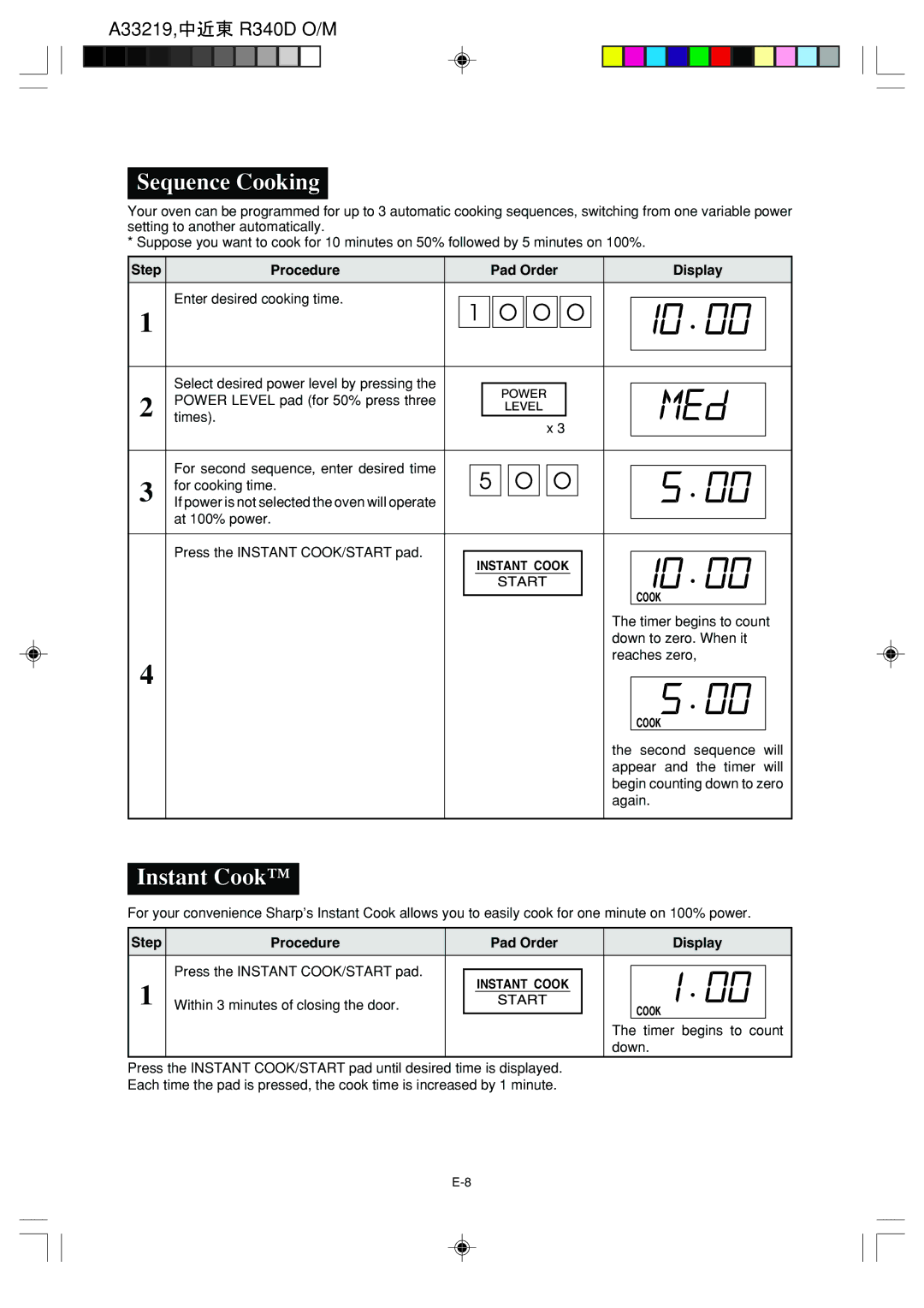 Sharp R-340D operation manual Sequence Cooking, Instant Cook 