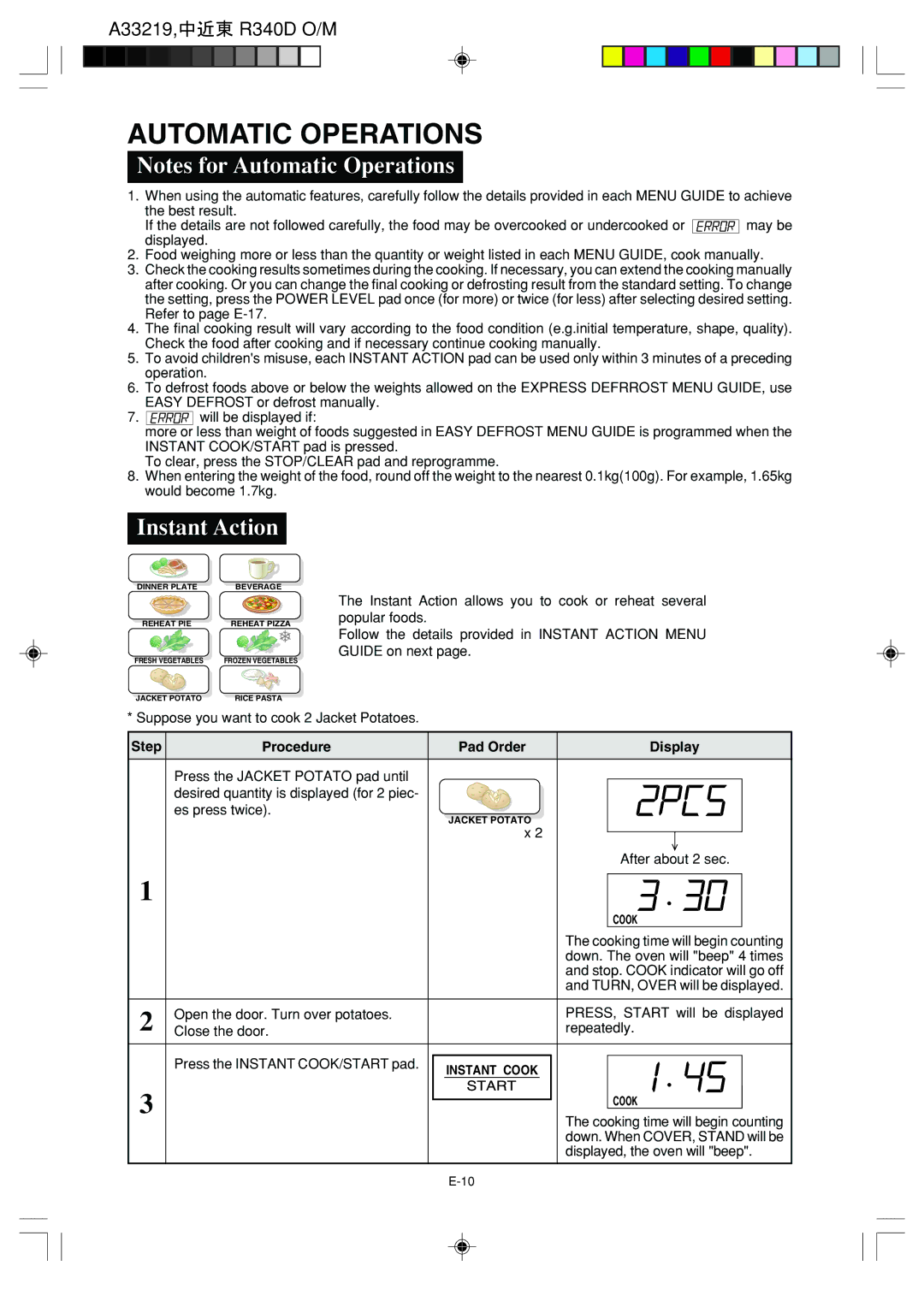 Sharp R-340D operation manual Automatic Operations, Instant Action 