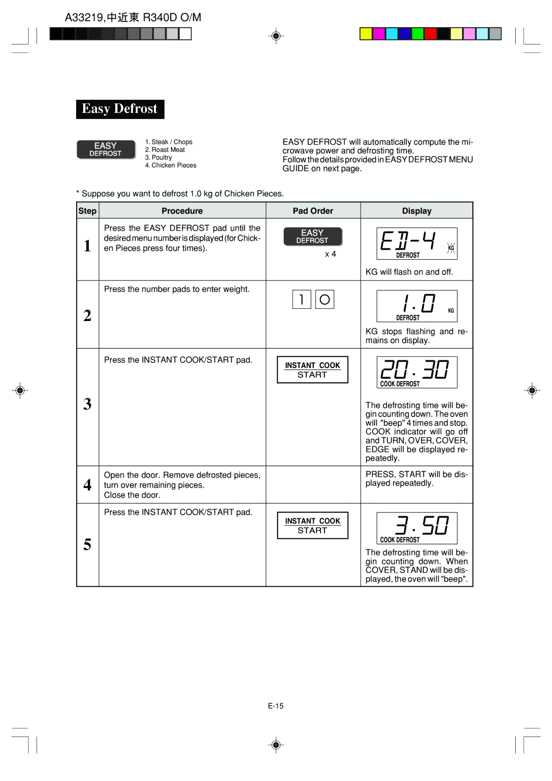 Sharp R-340D operation manual Easy Defrost 