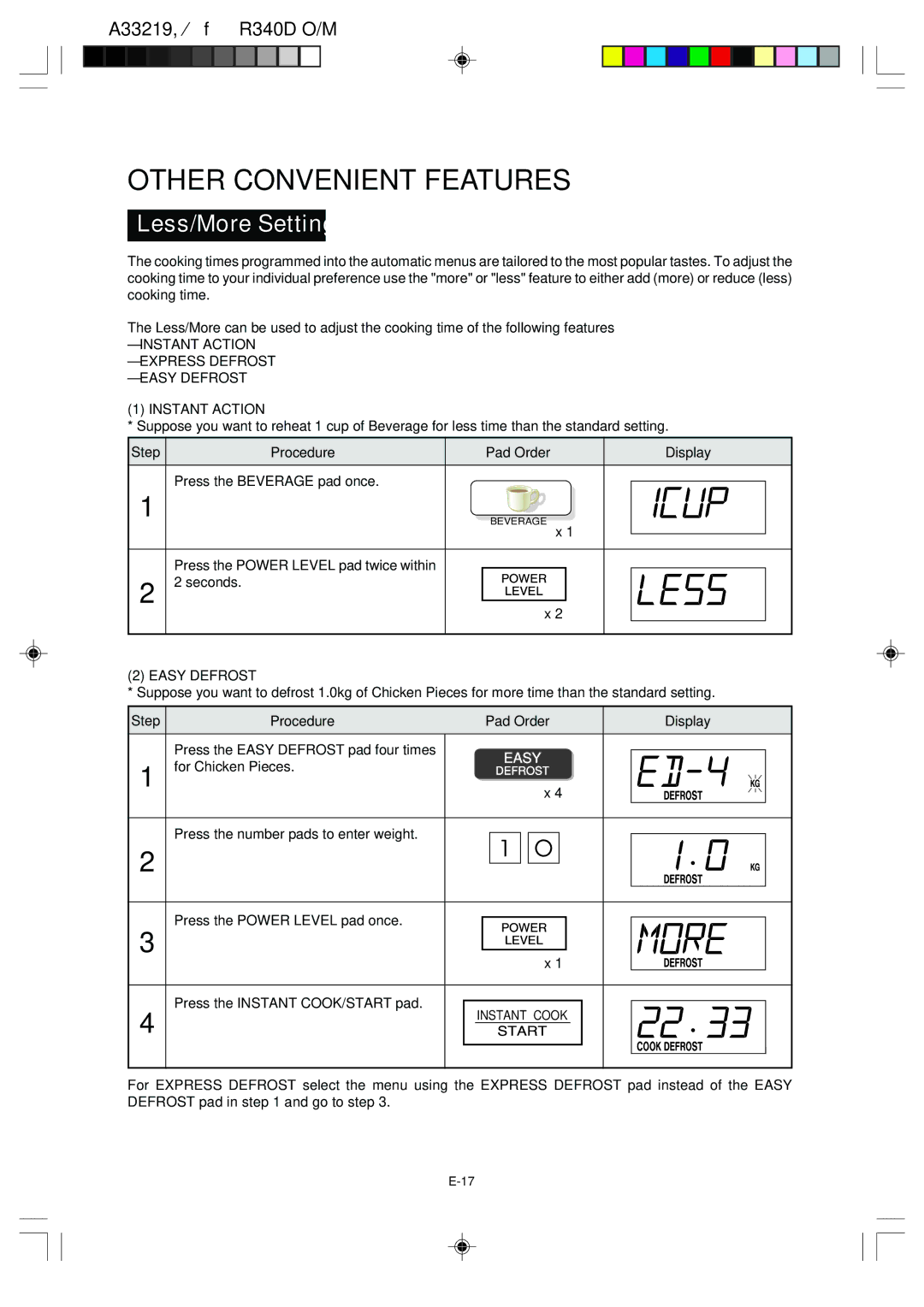 Sharp R-340D operation manual Other Convenient Features, Less/More Setting, For Chicken Pieces 