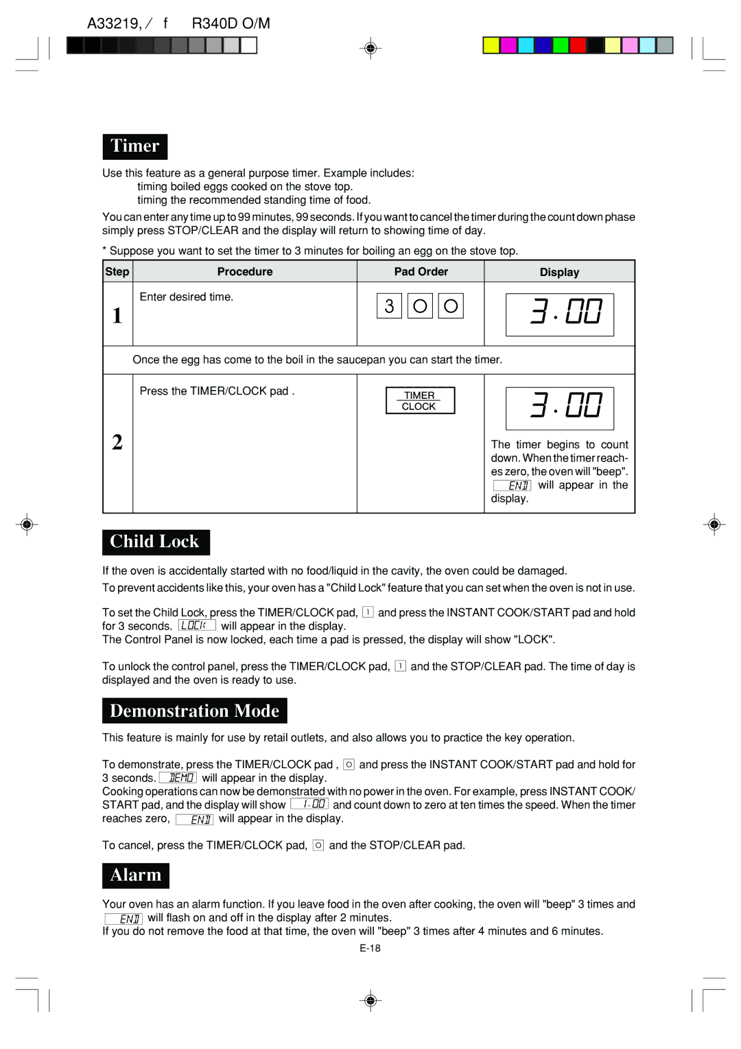 Sharp R-340D operation manual Timer, Child Lock, Demonstration Mode, Alarm 